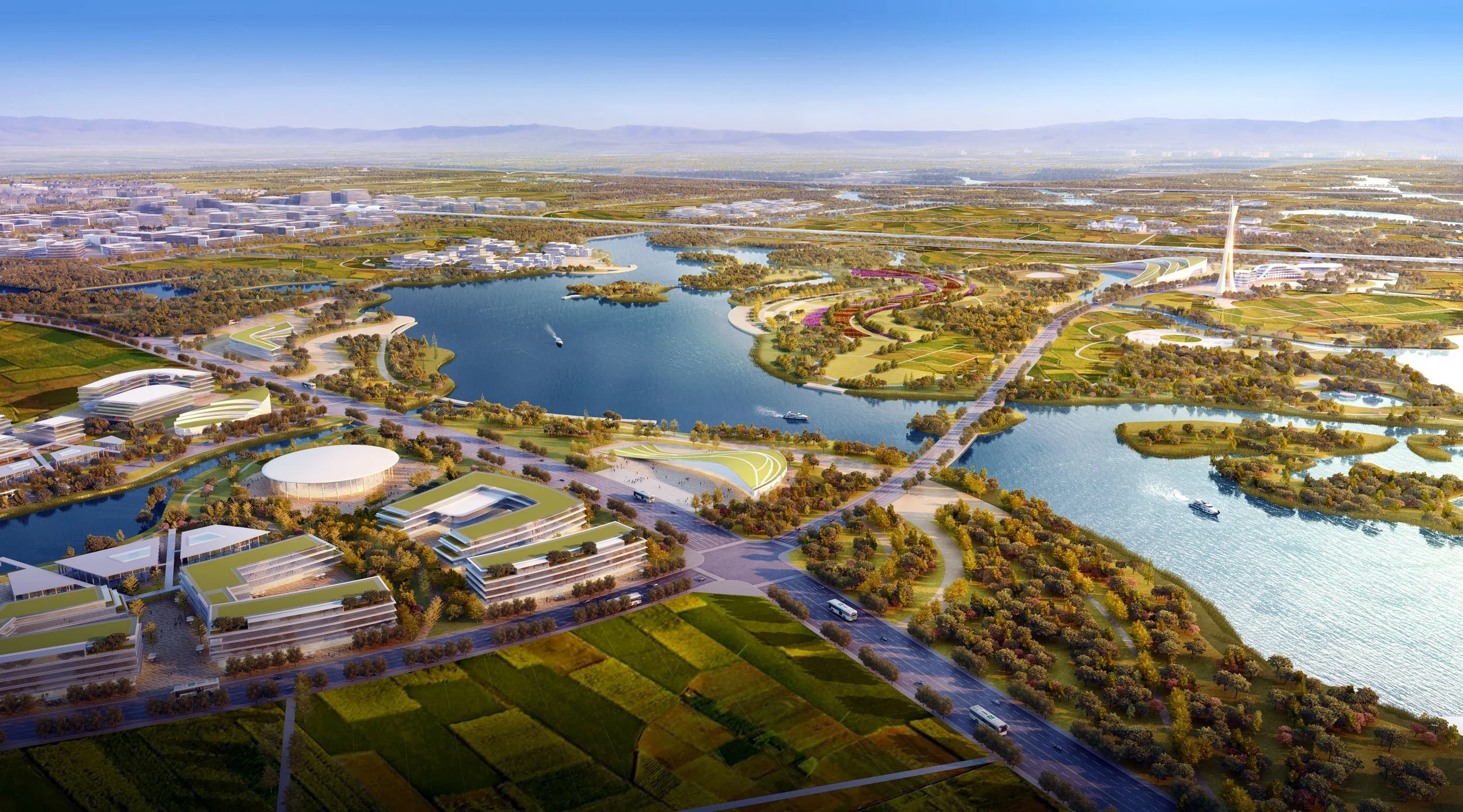 A digital rendering of an urban park with water features, green spaces, and modern buildings, viewed from above.