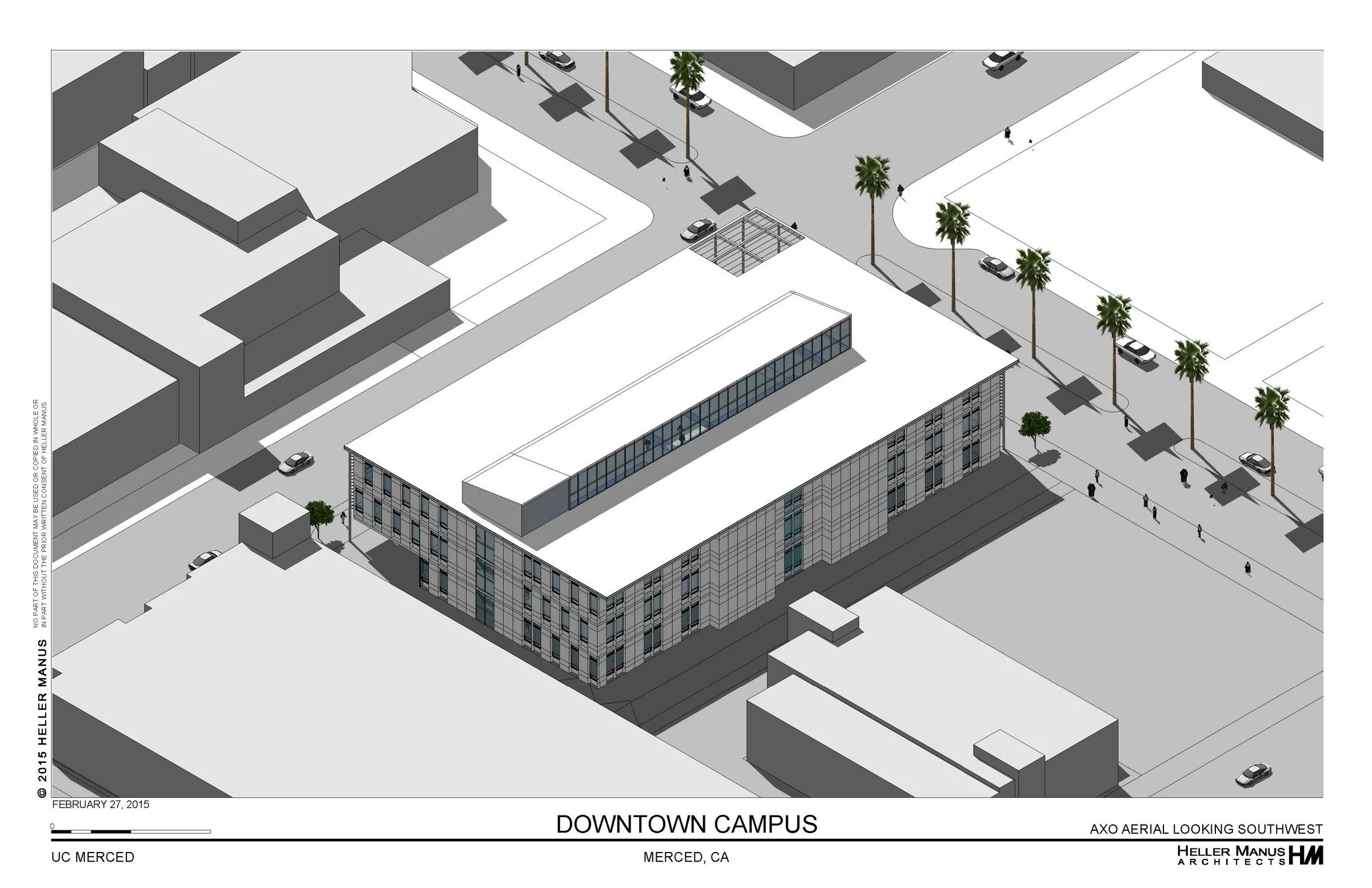 A digital rendering of a university campus in downtown Merced, California, showing a modern multi-story building with glass windows, palm trees lining the streets, parked cars, and people walking on sidewalks.