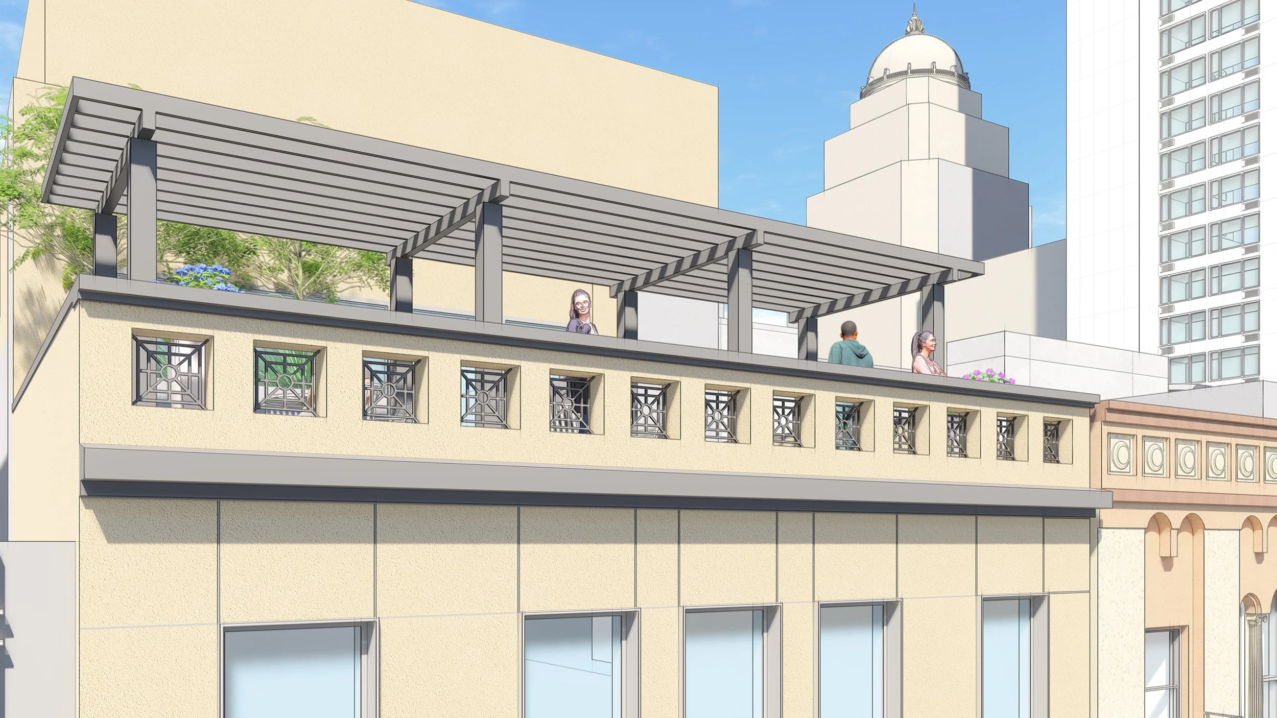 An illustration of a city rooftop with a pergola structure, potted plants, and people standing and chatting against a background of tall buildings and a blue sky.