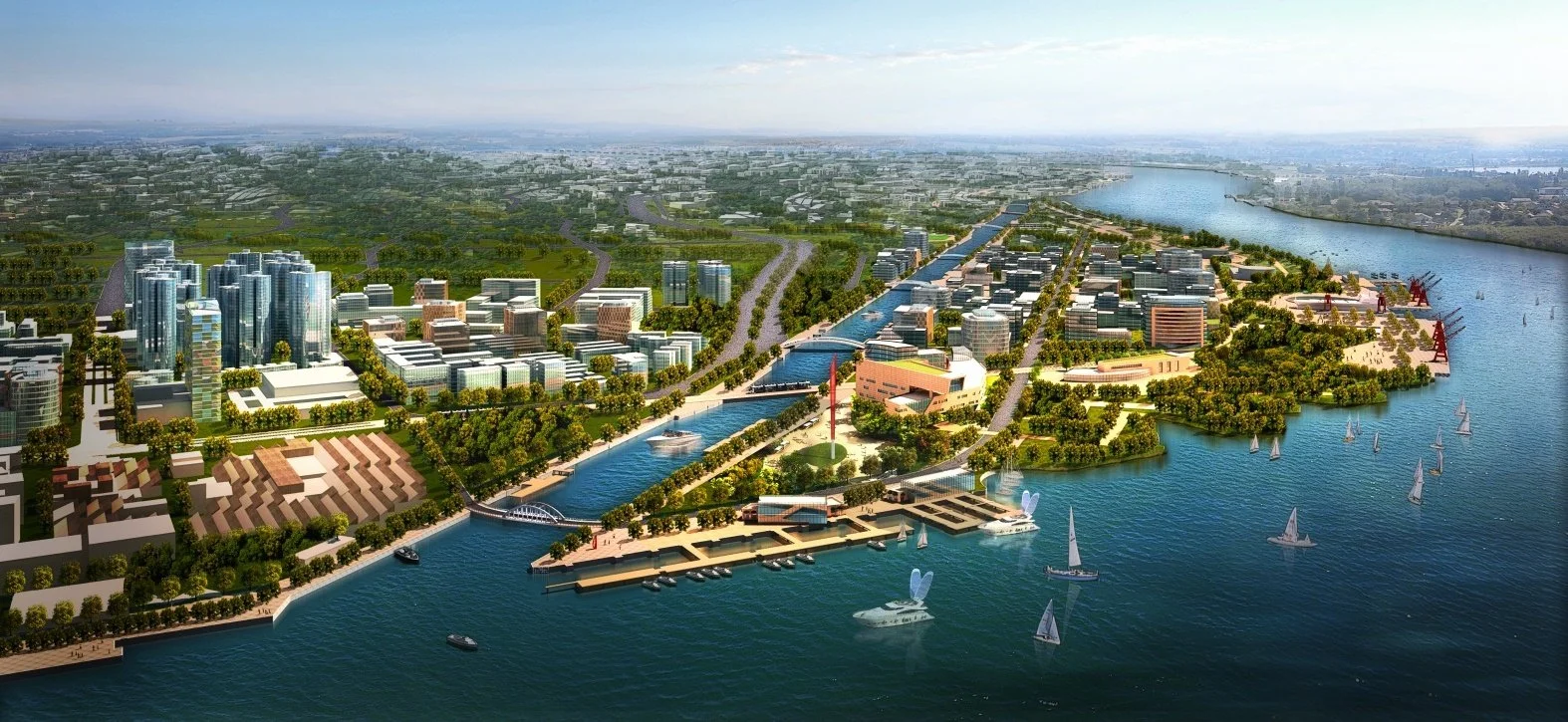 A detailed aerial rendering of a waterfront urban development featuring modern buildings, parks, walkways, a river with sailboats, and a marina with yachts, set against a backdrop of a sprawling city and greenery.