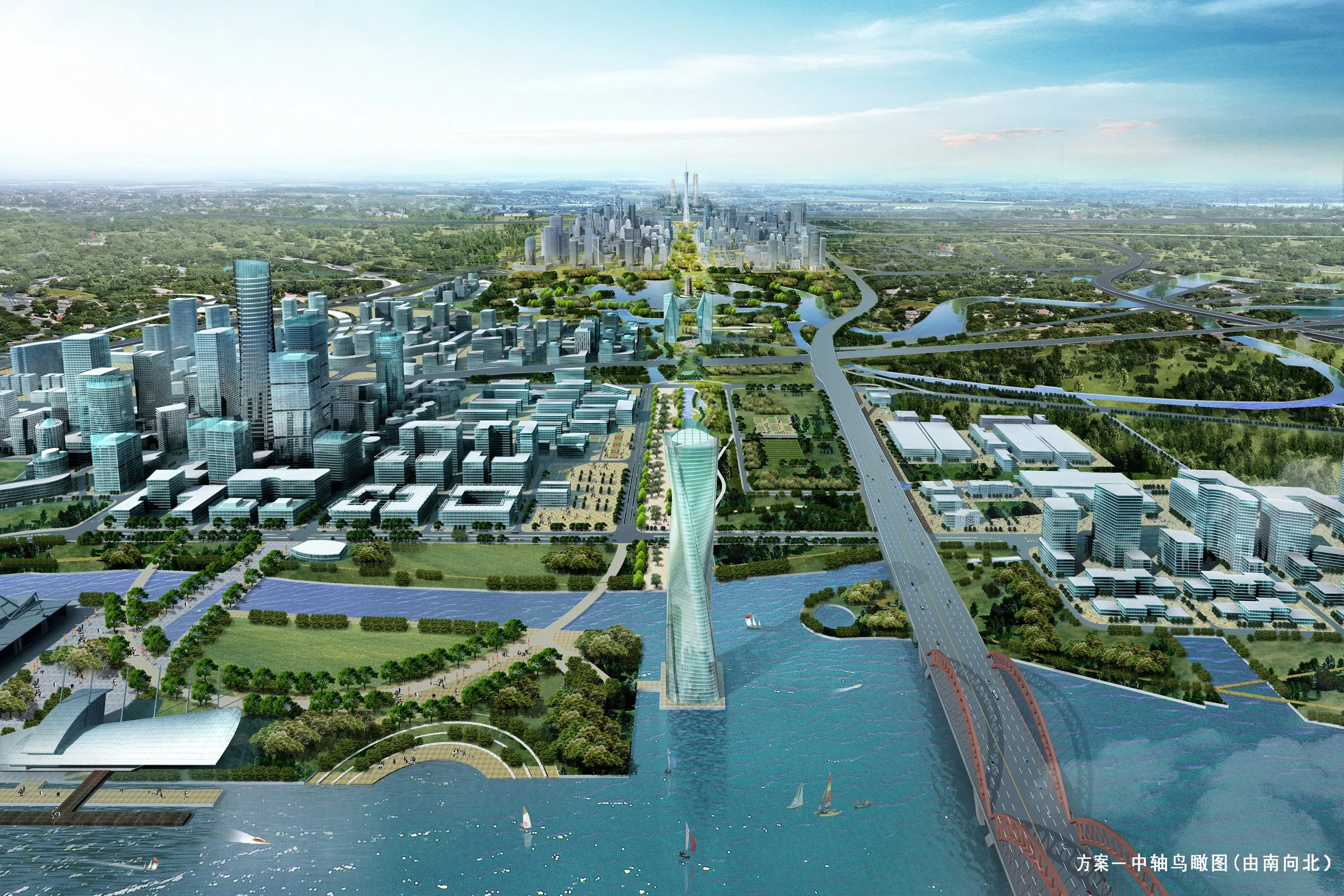 A futuristic city along a river with modern skyscrapers, green parks, and multiple bridges connecting different areas, under a partly cloudy sky.