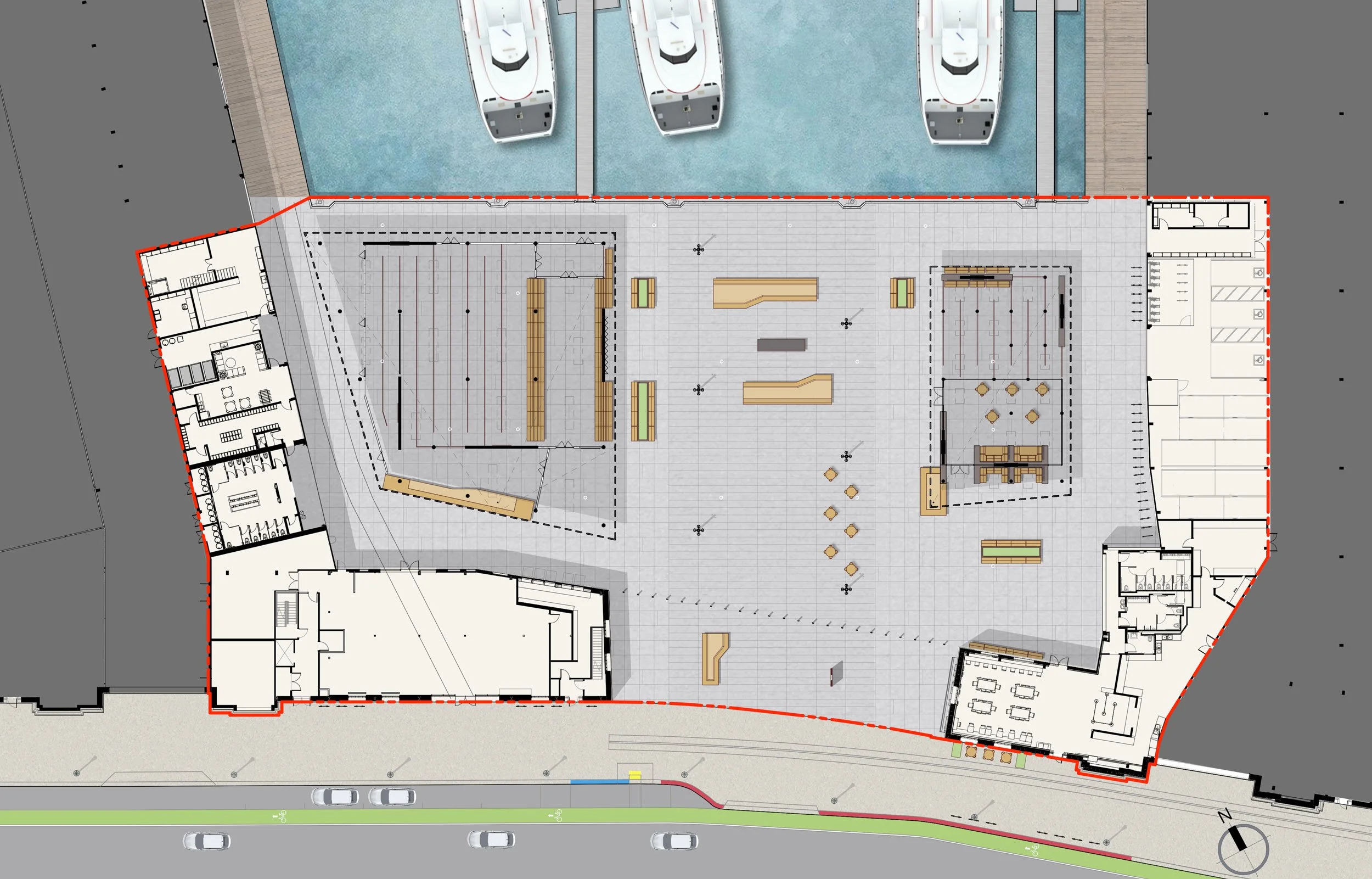 Architectural plan of a large commercial building with outdoor water features, seating areas, and various indoor rooms outlined.