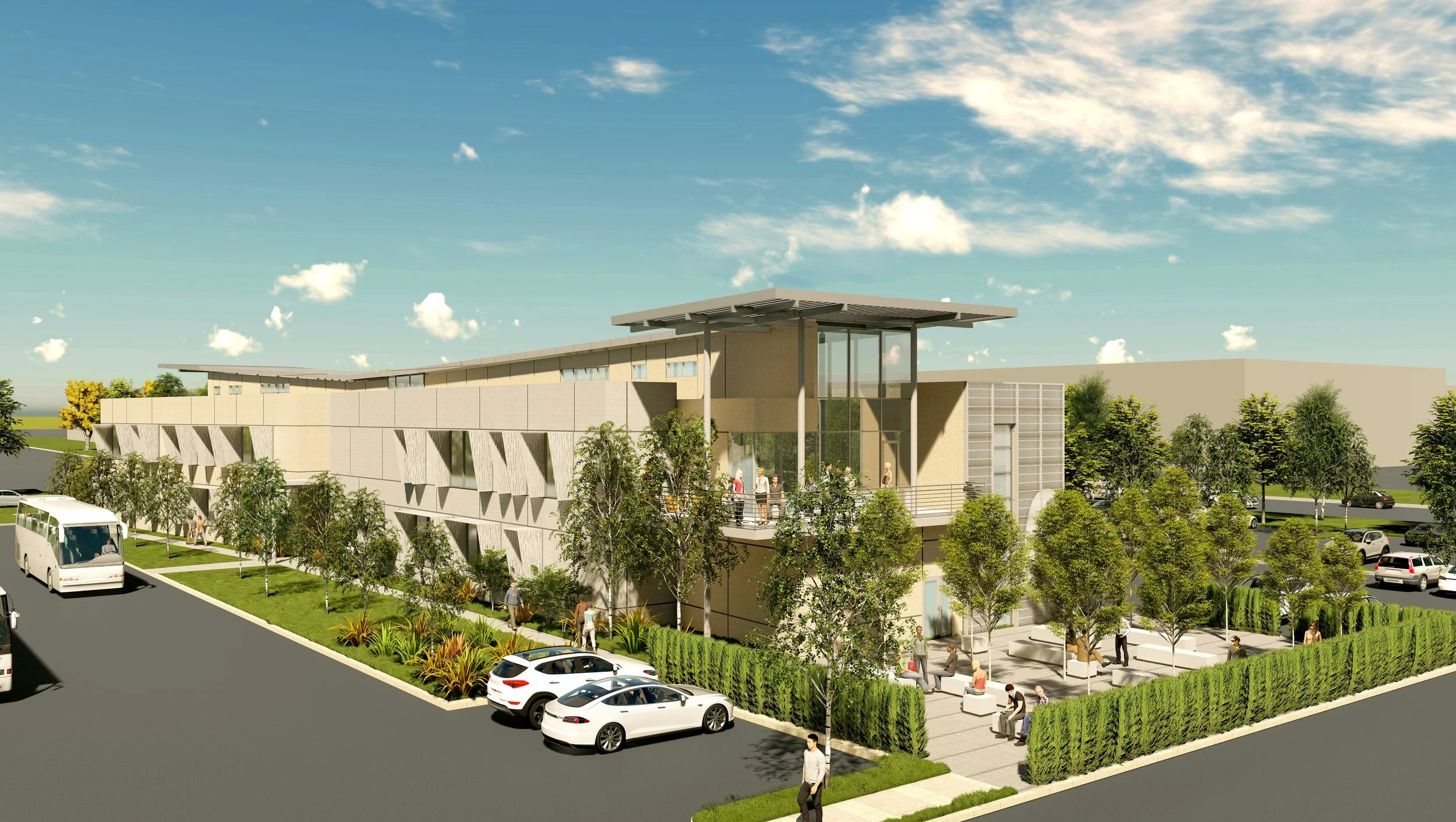 Architectural rendering of a modern multi-story building with outdoor seating and parking, surrounded by trees and greenery.