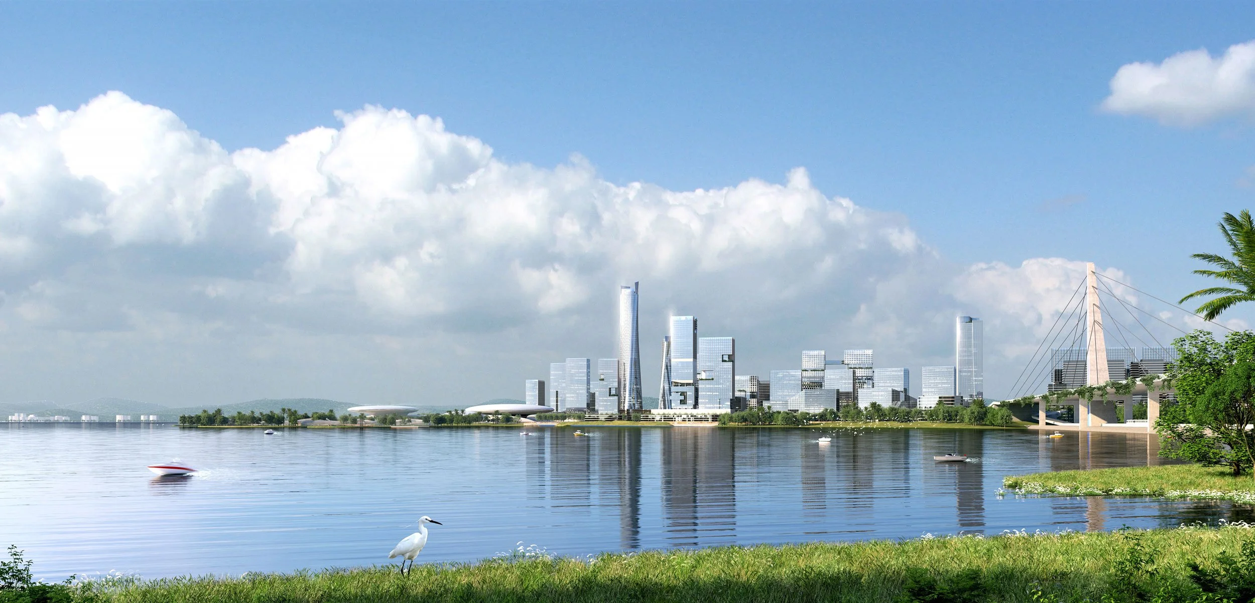 A city skyline with modern skyscrapers and a bridge over a river, with a grassy area, trees, waterfowl, and boats in the foreground under a partly cloudy sky.
