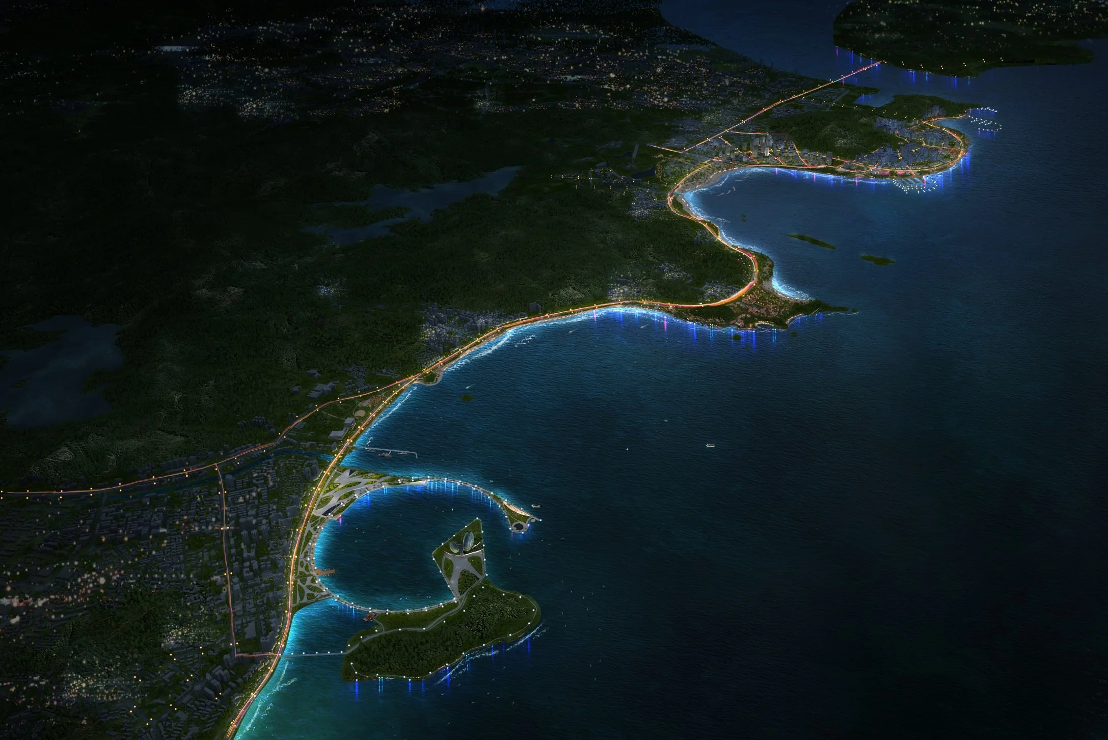 Nighttime aerial view of a coastal city with illuminated buildings, roads, and waterfronts, showcasing a bay with a distinctive curving shoreline and a small island.