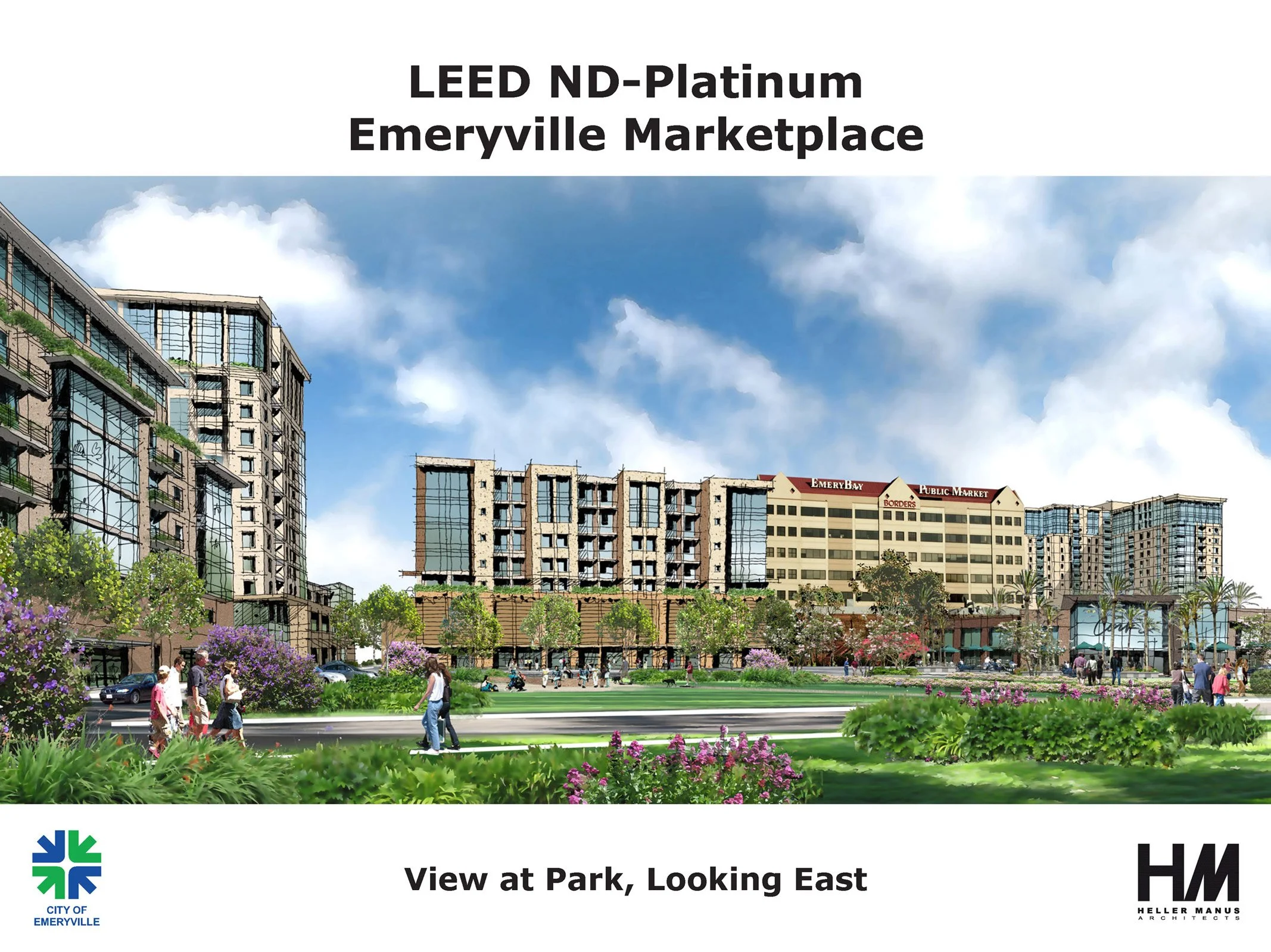Artist's rendering of a modern urban development with mid-rise buildings, lush landscaping, and busy pedestrian walkways, viewed from a park looking east, in Emeryville.