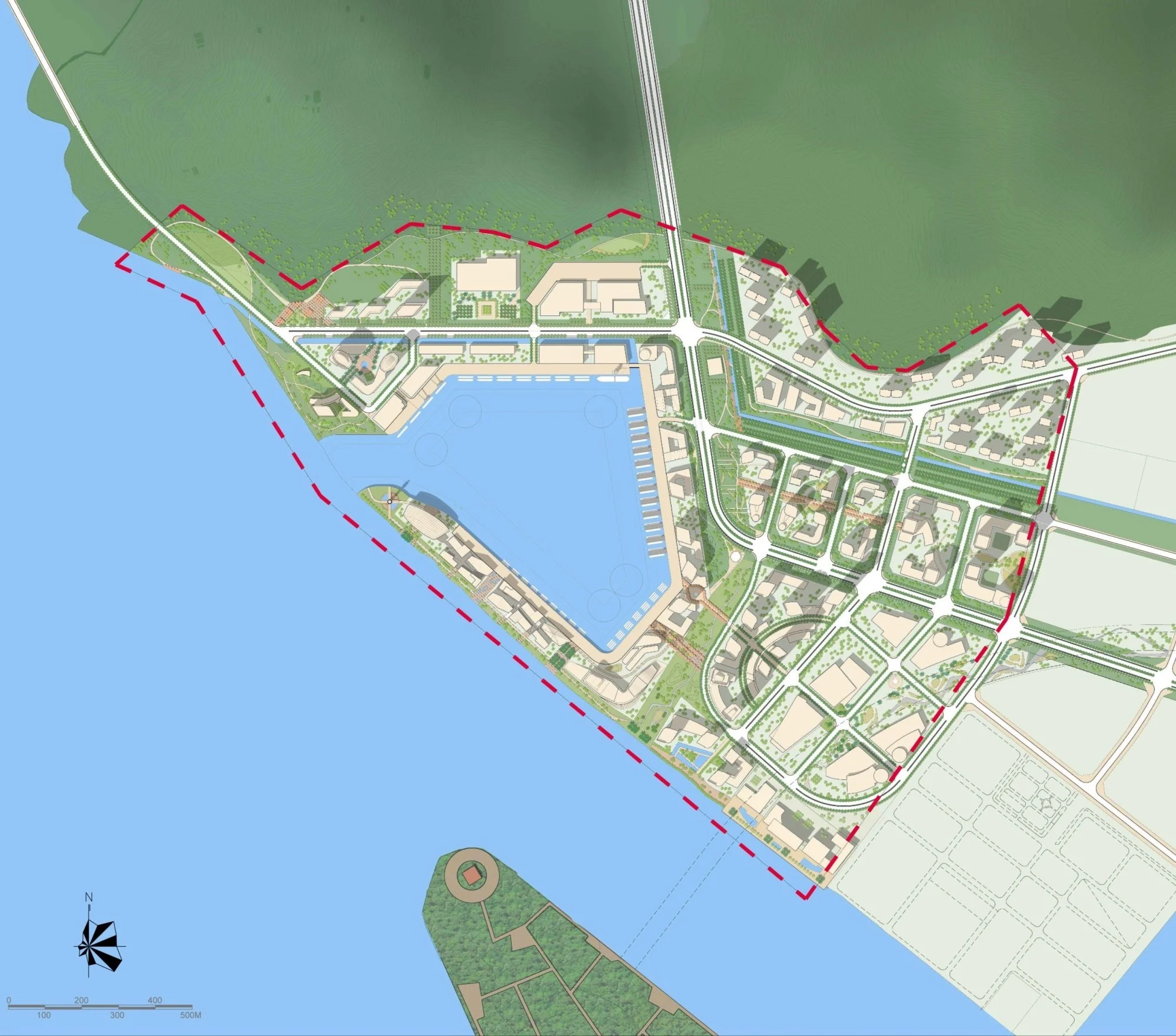 Detailed urban planning map showing a waterfront city with roads, buildings, a large waterbody, a marina, and green spaces, with a red dashed boundary line.