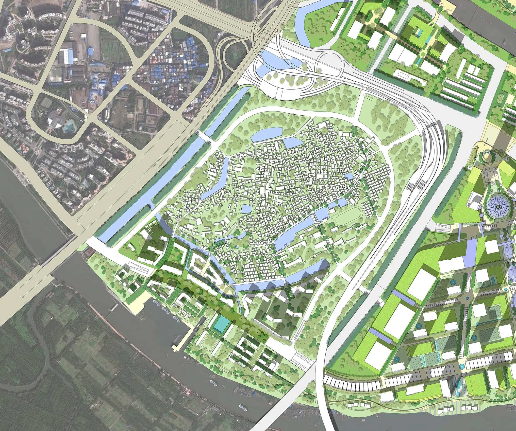 A detailed urban planning map showing roads, green spaces, water features, residential and commercial areas, and infrastructure development.
