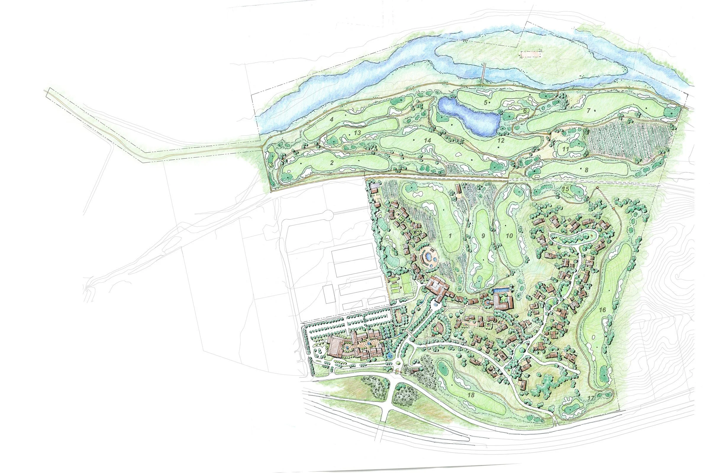 A detailed color-coded map of a golf course with five ponds, varied terrain, and surrounding residential and building areas.