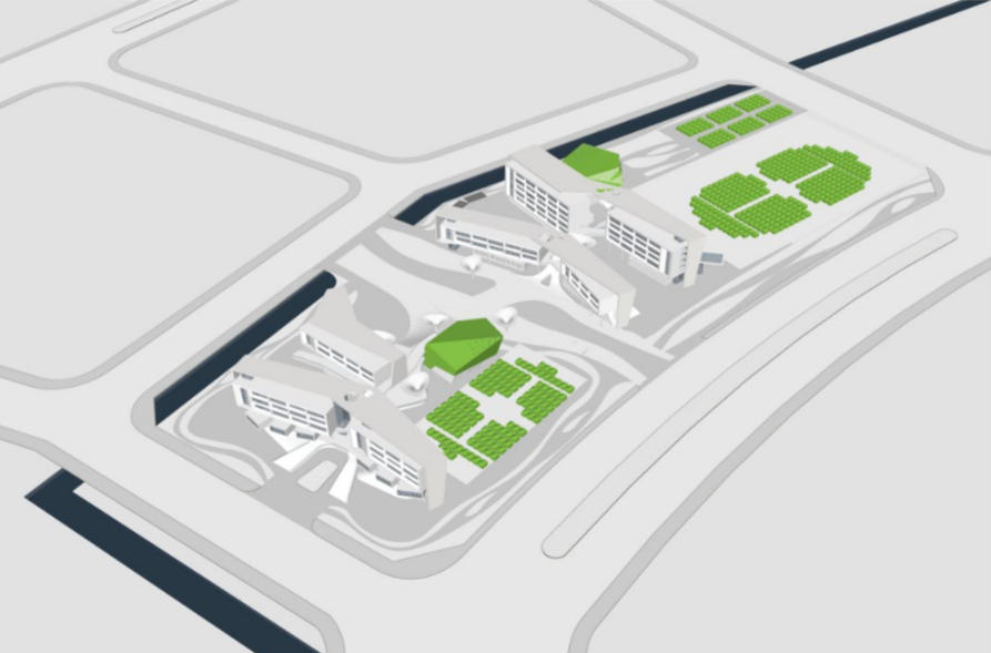 A digital rendering of a modern architectural complex with multiple white buildings surrounded by roads and green landscaped areas.