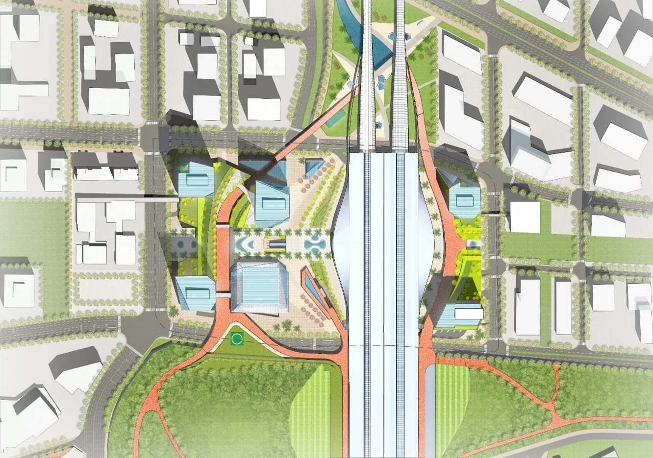 A detailed city planning map showing roads, green parks, and modern buildings with a large central transportation hub or bridge.