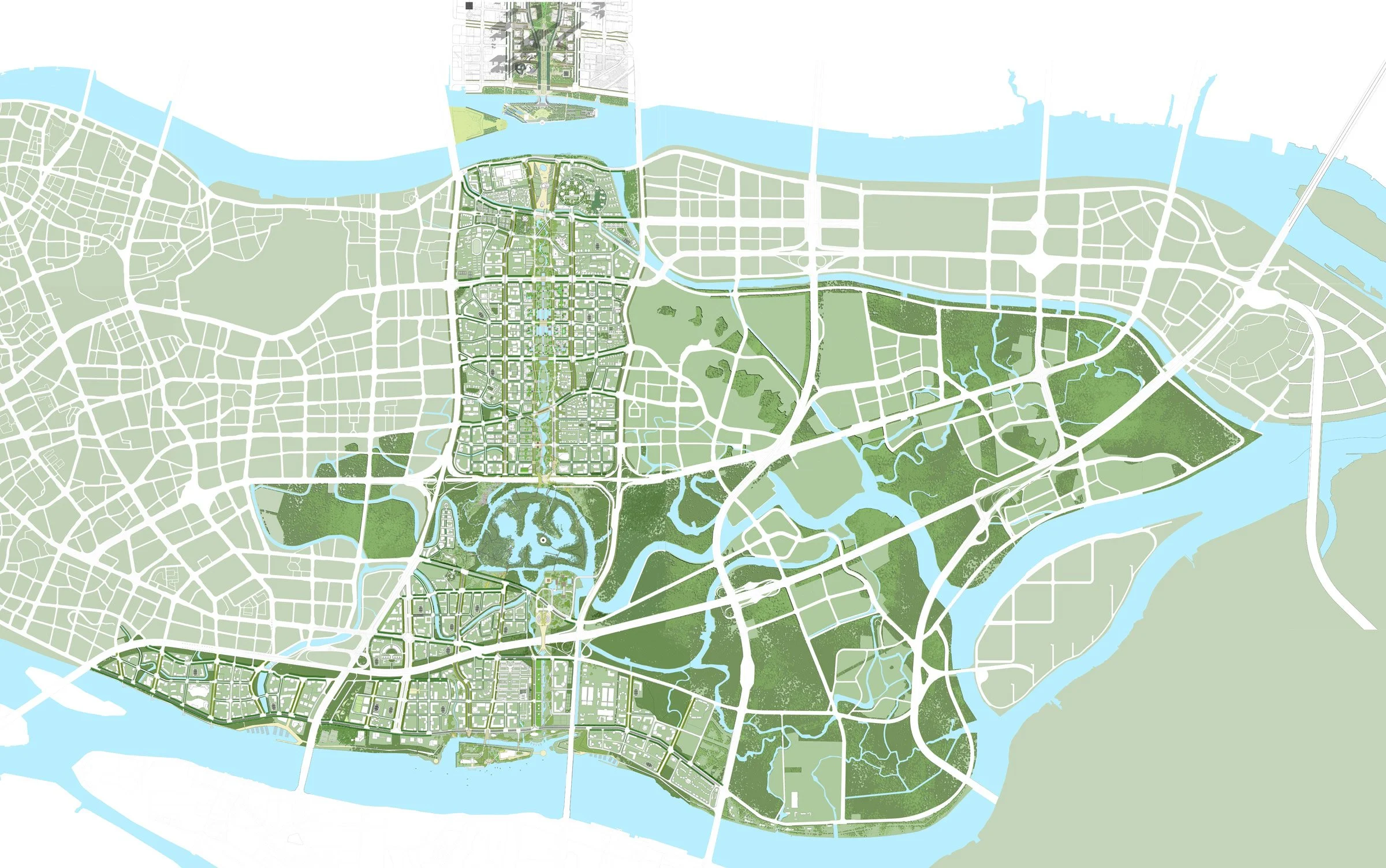 Map of an urban area with streets, parks, water bodies, and green spaces, showing detailed city layout.