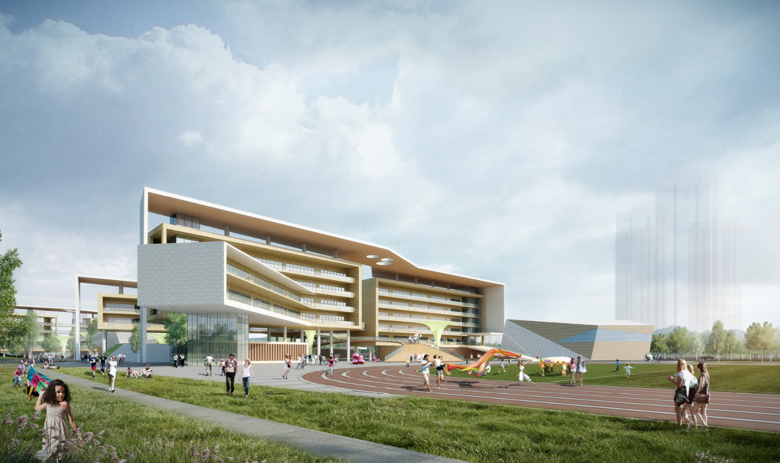 A modern school campus with a large multi-story building, playground, and track field, with children and adults outside engaging in various activities under a cloudy sky.