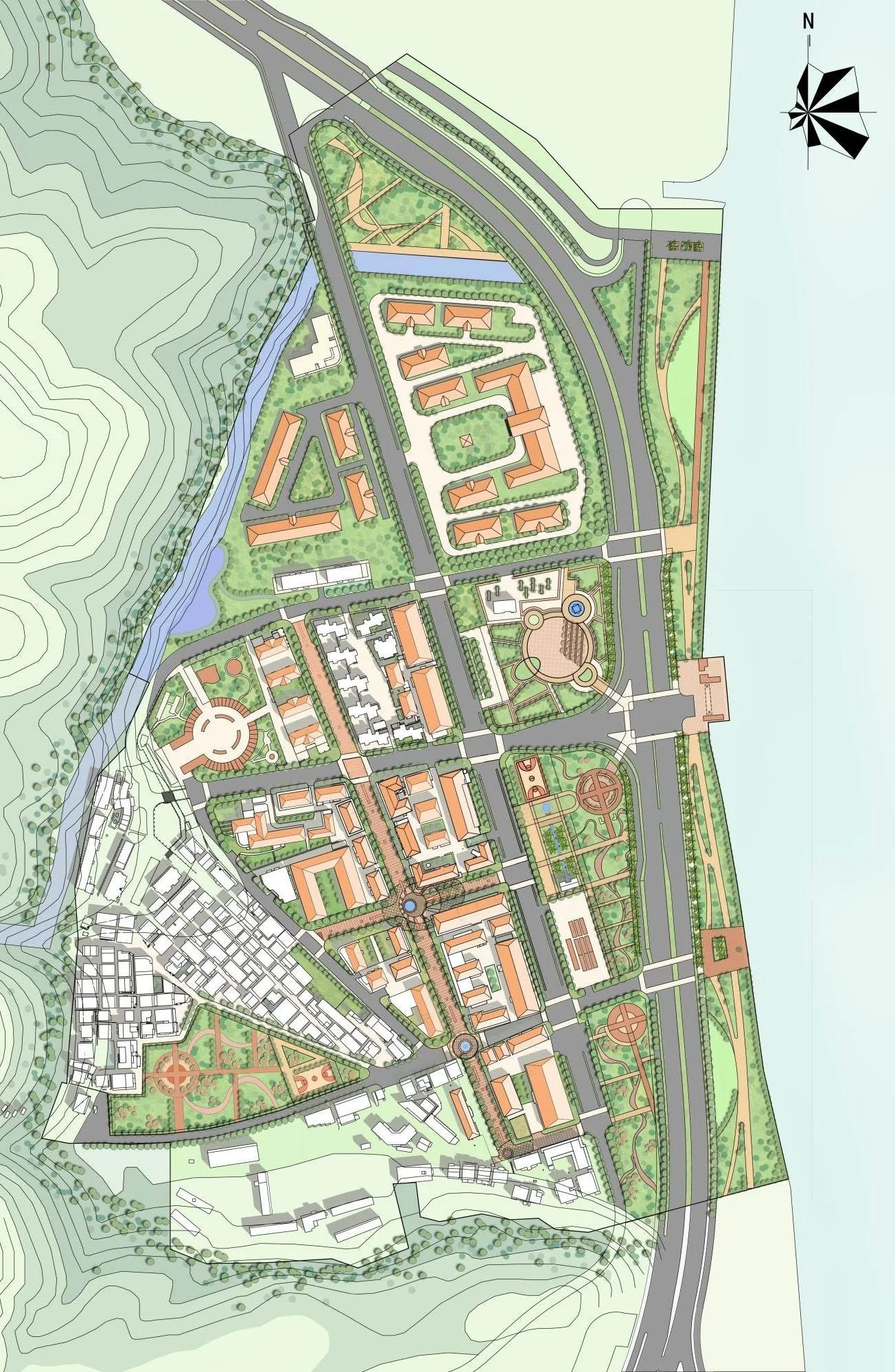 A detailed master plan of a development area including buildings, roads, green spaces, waterways, and urban infrastructure.