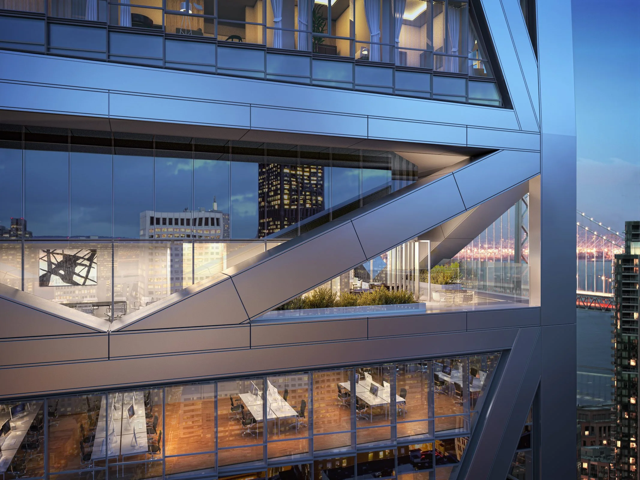 Modern glass high-rise building with illuminated office spaces and a city skyline view at dusk.