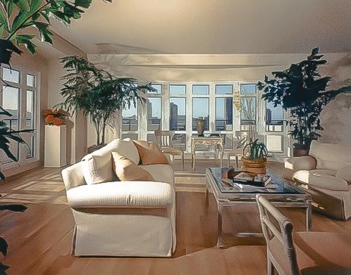 Bright living room with white sofas, wooden flooring, large windows, green indoor plants, and a coffee table with books.