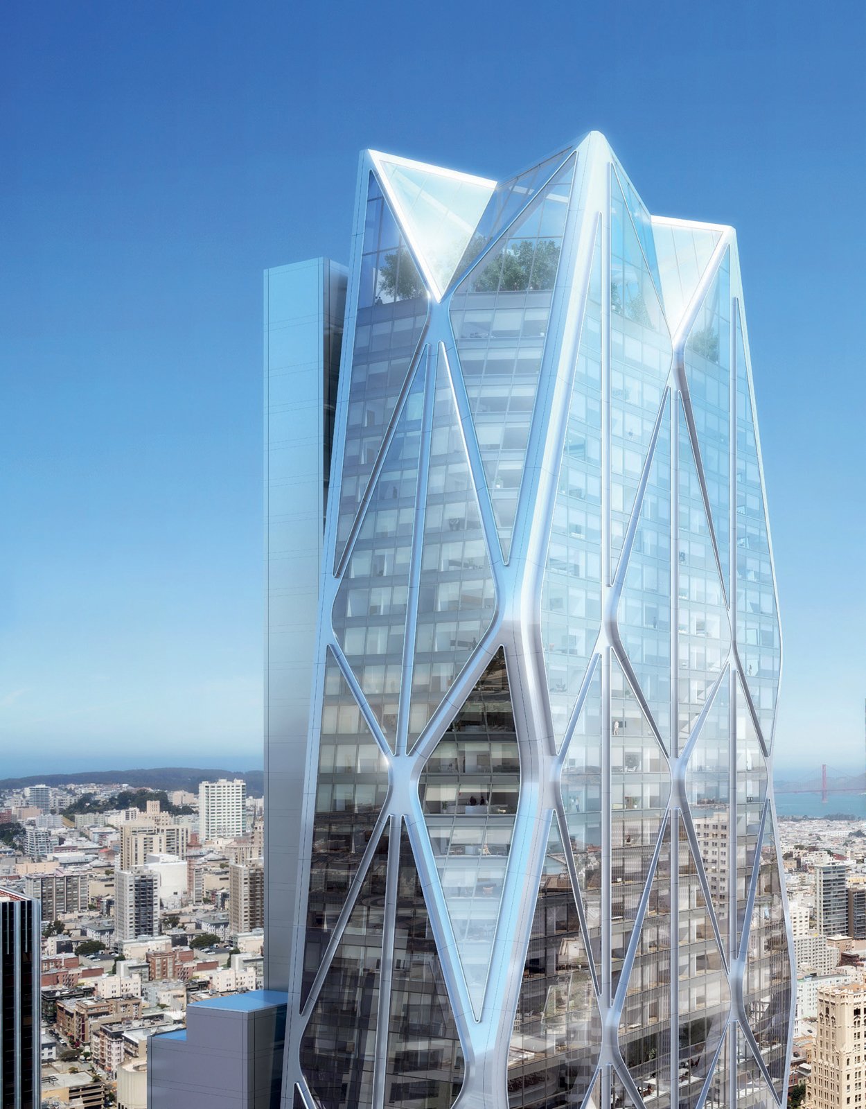 Modern glass skyscraper with a unique geometric design in a city skyline, with the cityscape and a clear blue sky in the background.