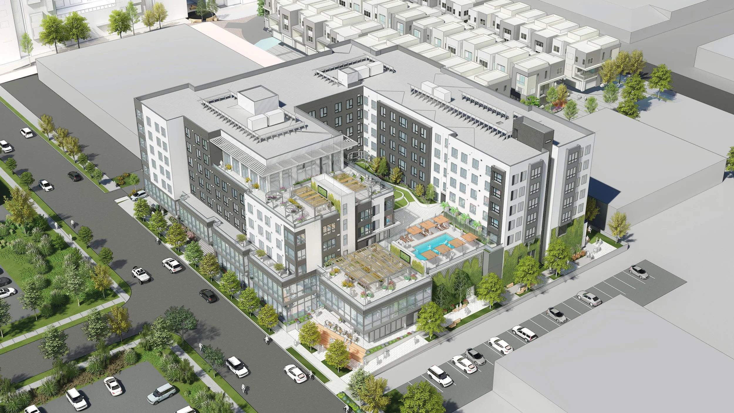 A modern multi-story apartment complex with rooftop amenities including a pool, seating areas, and landscaped gardens, surrounded by parking lots and trees.