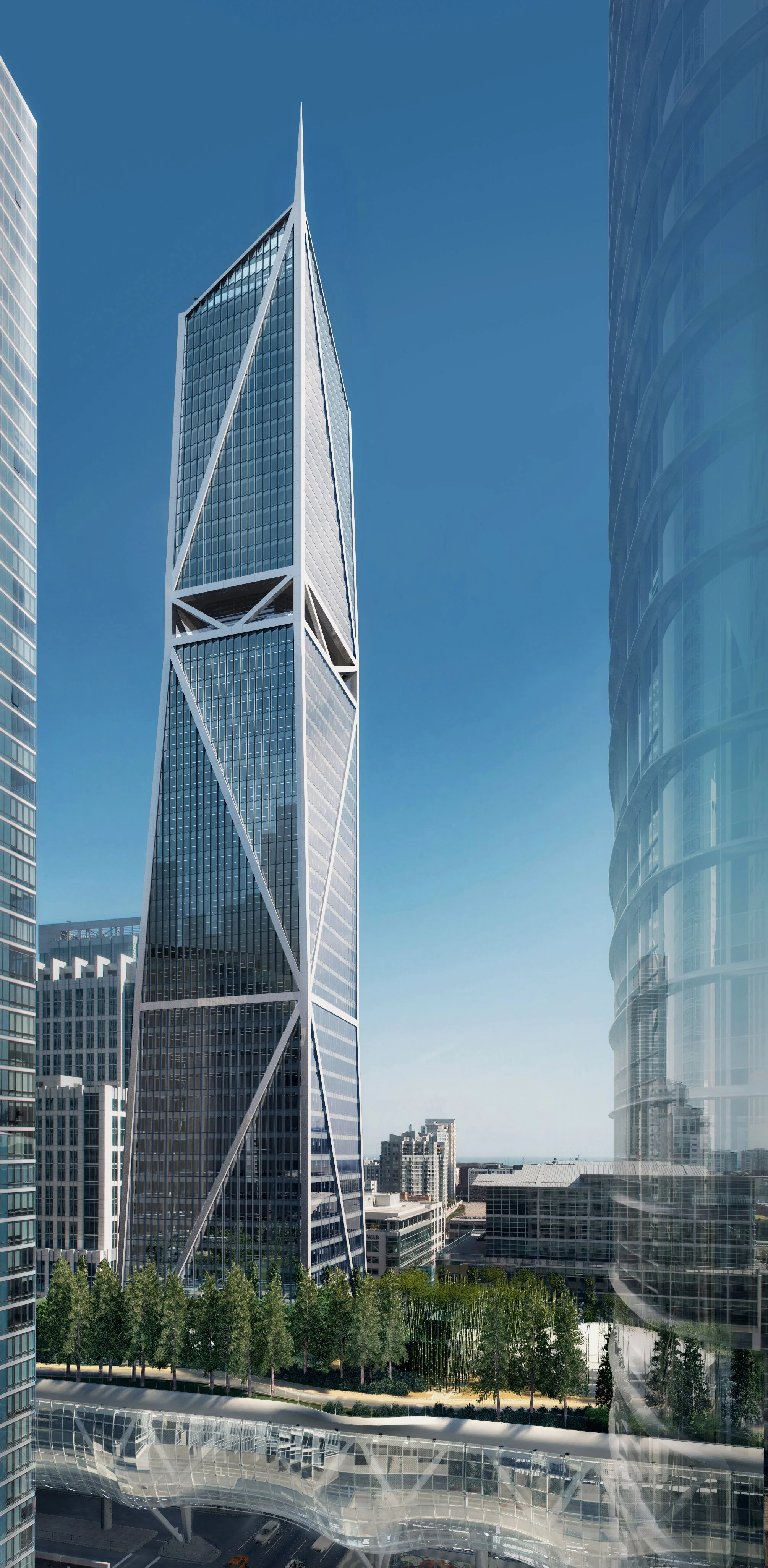 A modern skyscraper with a unique geometric design in a city skyline under a clear blue sky.