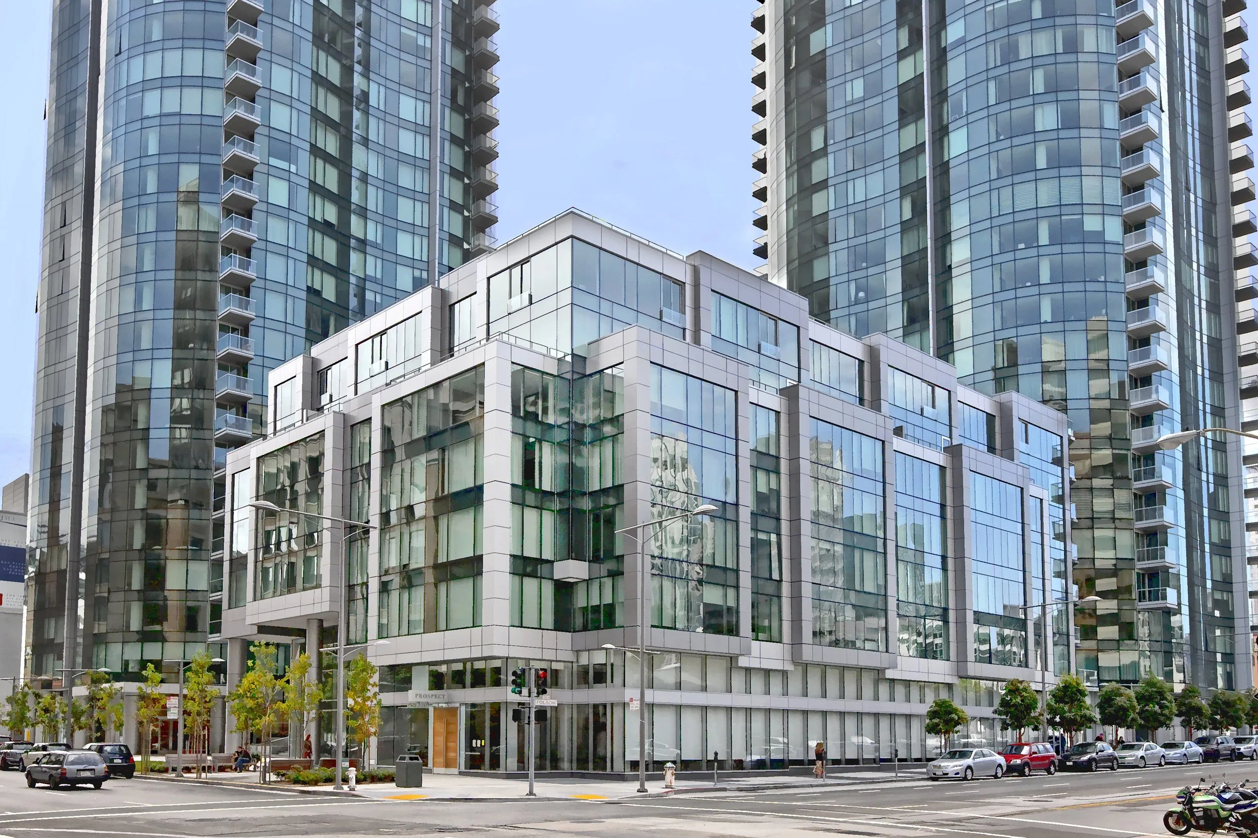 Modern office building with glass windows and surrounding tall skyscrapers, situated on a city street with cars, pedestrians, and streetlights.