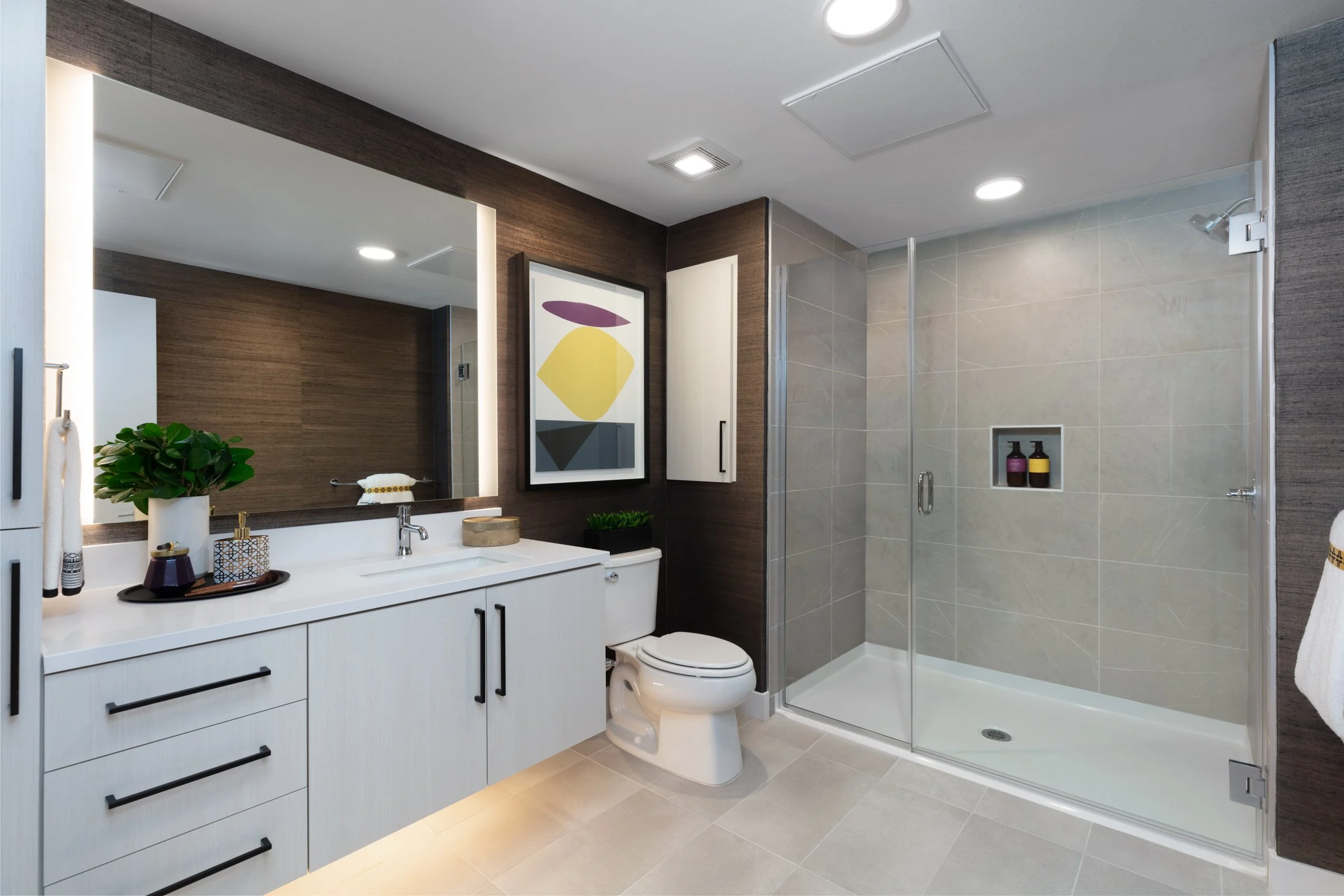 Modern bathroom with white vanity, large mirror, framed abstract artwork, toilet, and glass-enclosed shower with built-in niche for toiletries.