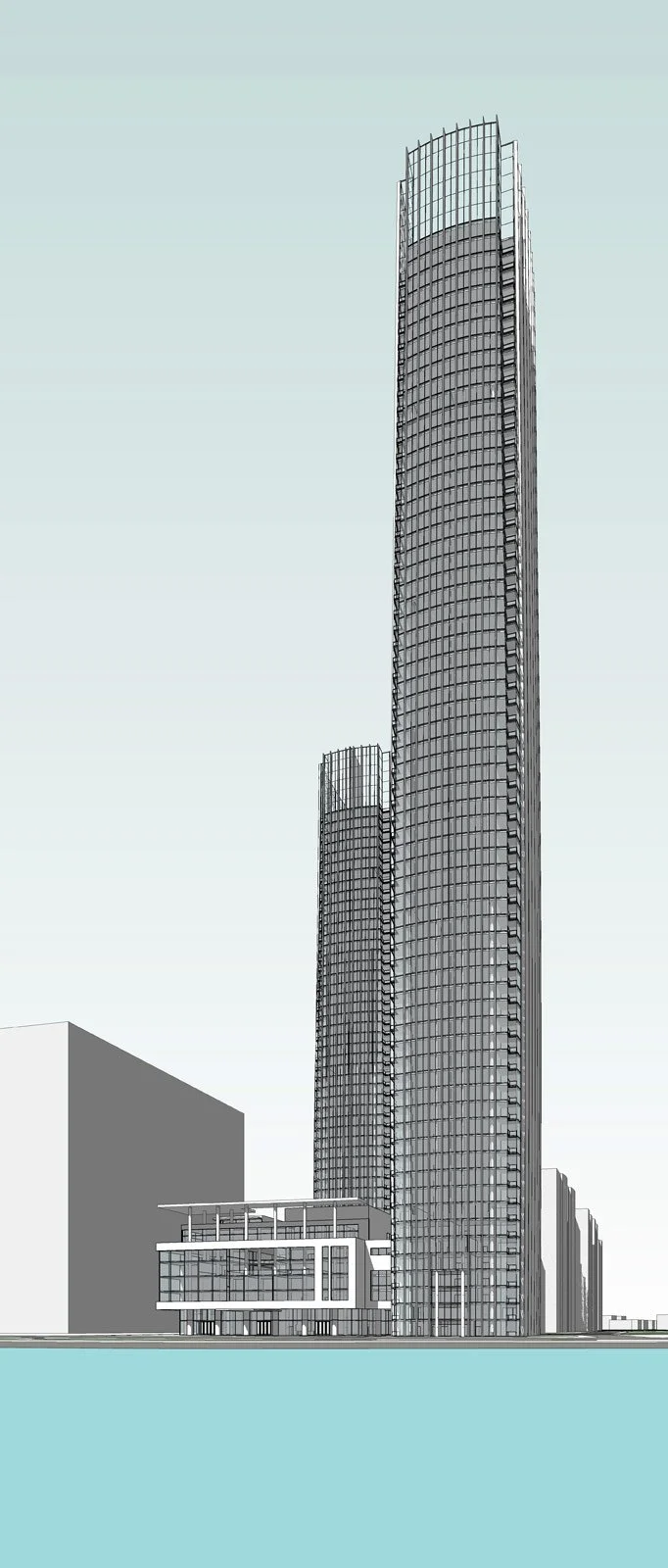 Skyscraper under construction with cranes and modern glass facade.