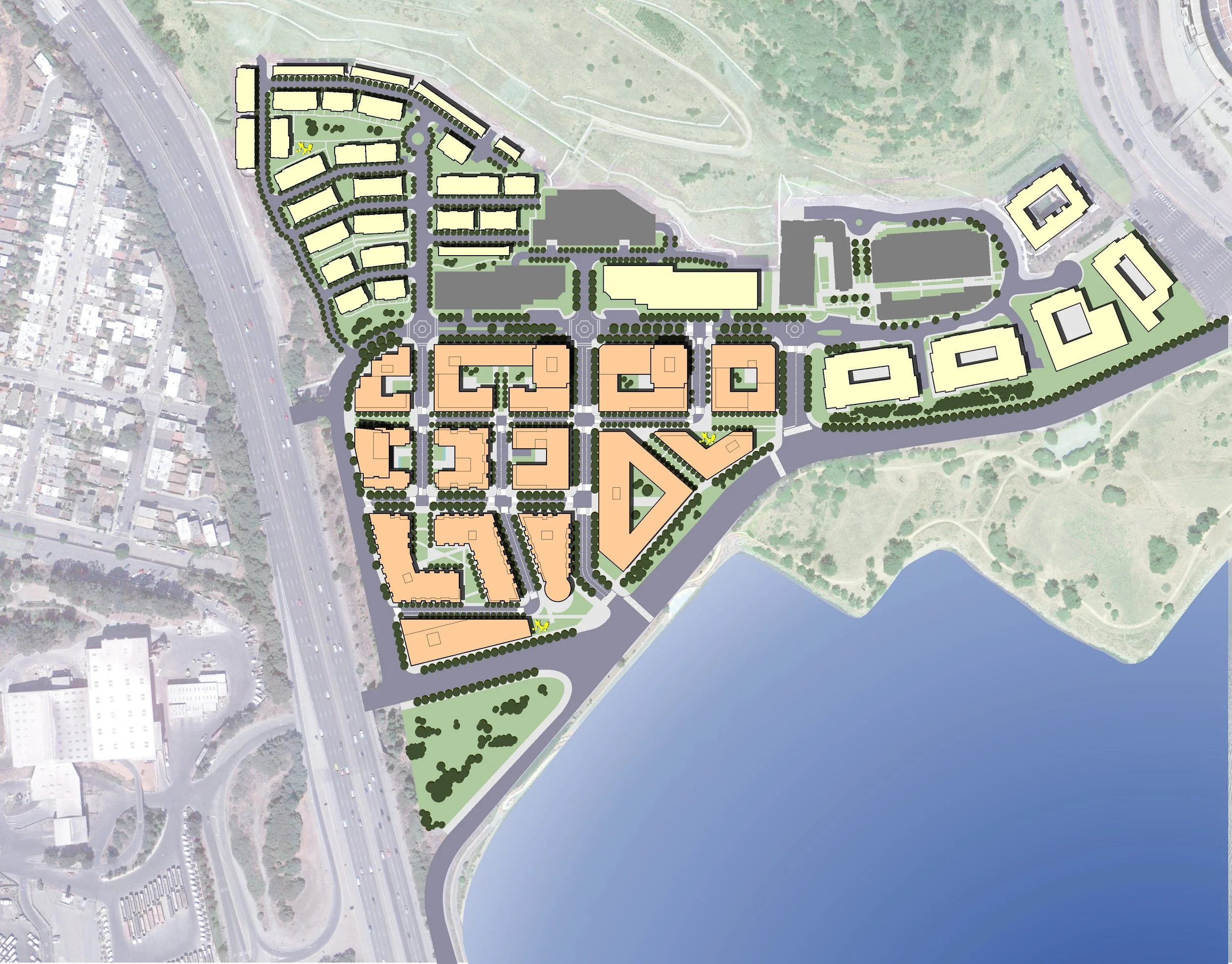 A detailed urban development plan showing various buildings, green spaces, roads, and a large body of water at the bottom right corner.