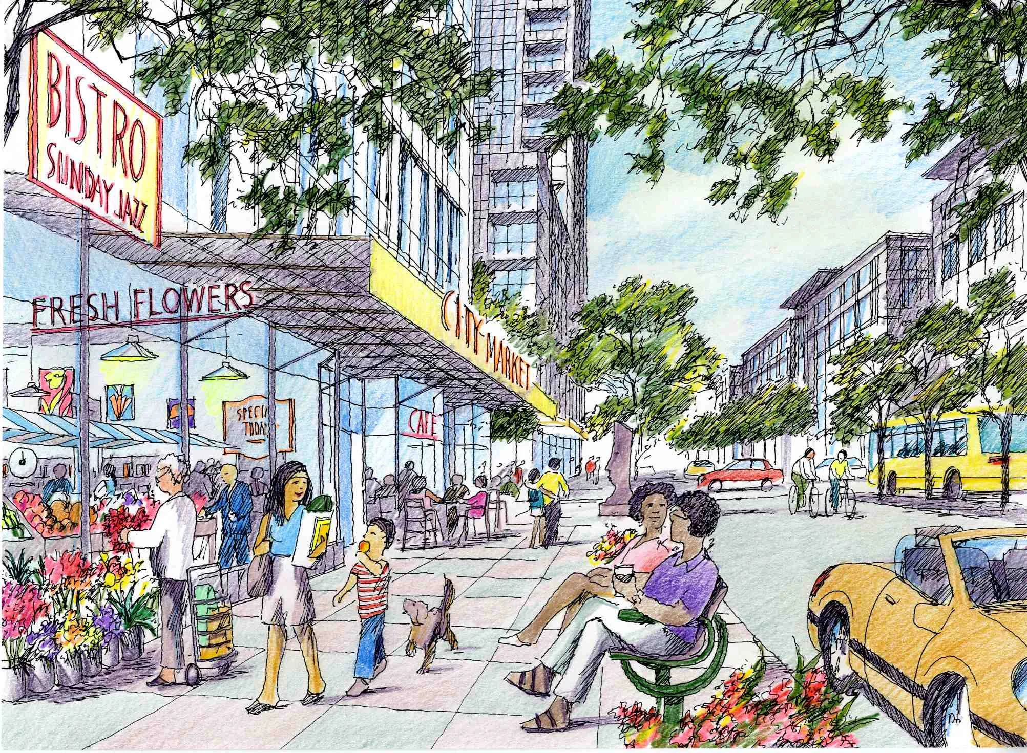 A colorful sketch of a city street scene with people walking, shopping, and sitting on benches. A storefront with signs reading 'FRESH FLOWERS', 'CITY MARKET', and 'CAFE' is visible, with tall buildings and trees lining the street. A yellow bus and c