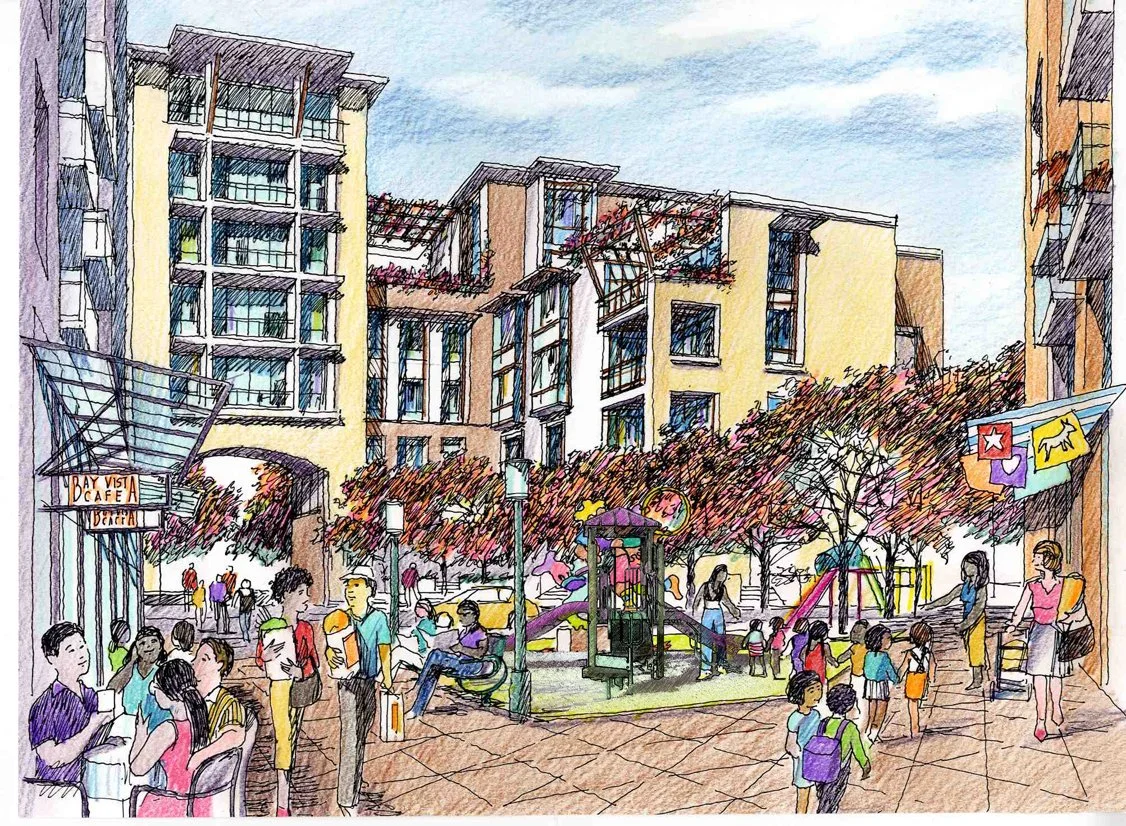A colorful watercolor illustration of a bustling urban outdoor plaza with people walking, sitting, and chatting. The scene features multi-story modern buildings, trees with pink blossoms, a small park area with a playground, and shops including a caf