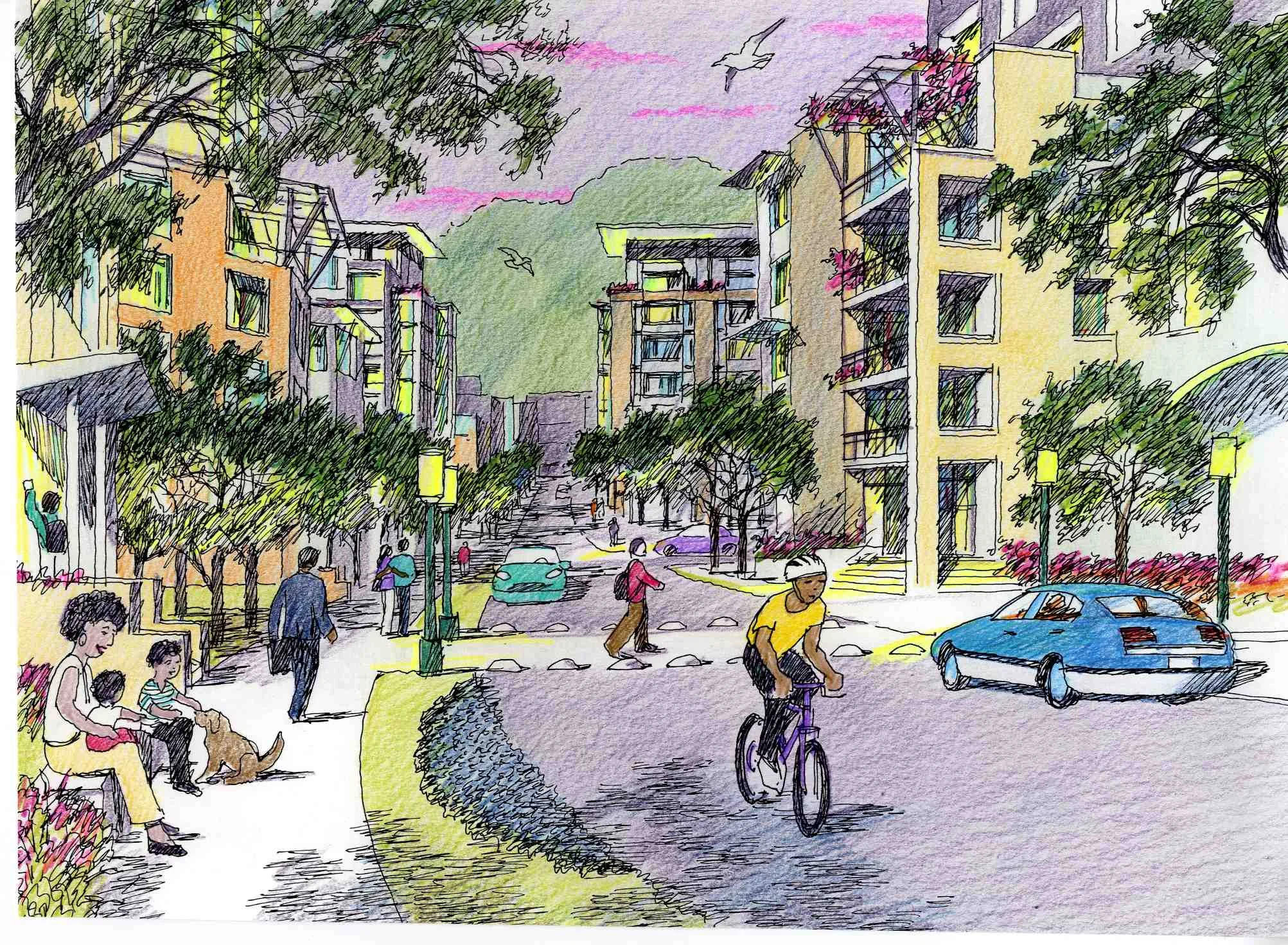 Colorful illustration of a city street with modern apartment buildings, trees, parked cars, people walking, a person riding a bike, and a family sitting on a bench with a dog, during sunset with pink skies.
