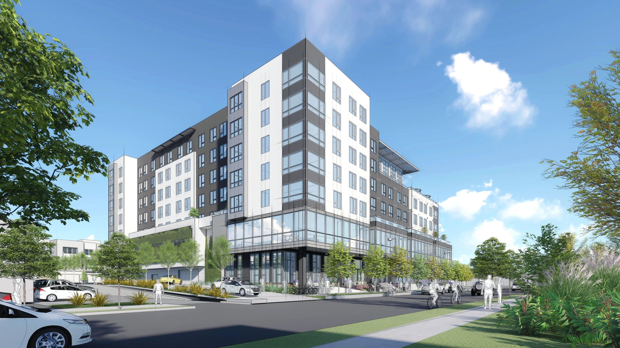 Modern multi-story building with glass storefront, surrounded by trees and parked cars, under a blue sky with a few clouds.