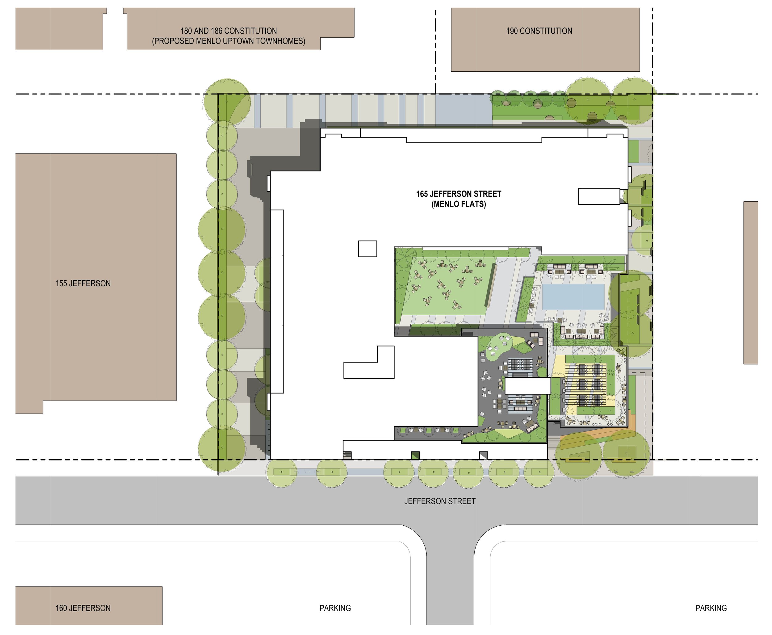 Site plan of a residential property showing building layout, surrounding landscaping, a pool area, patio, and parking spaces, with nearby streets and neighboring properties labeled.