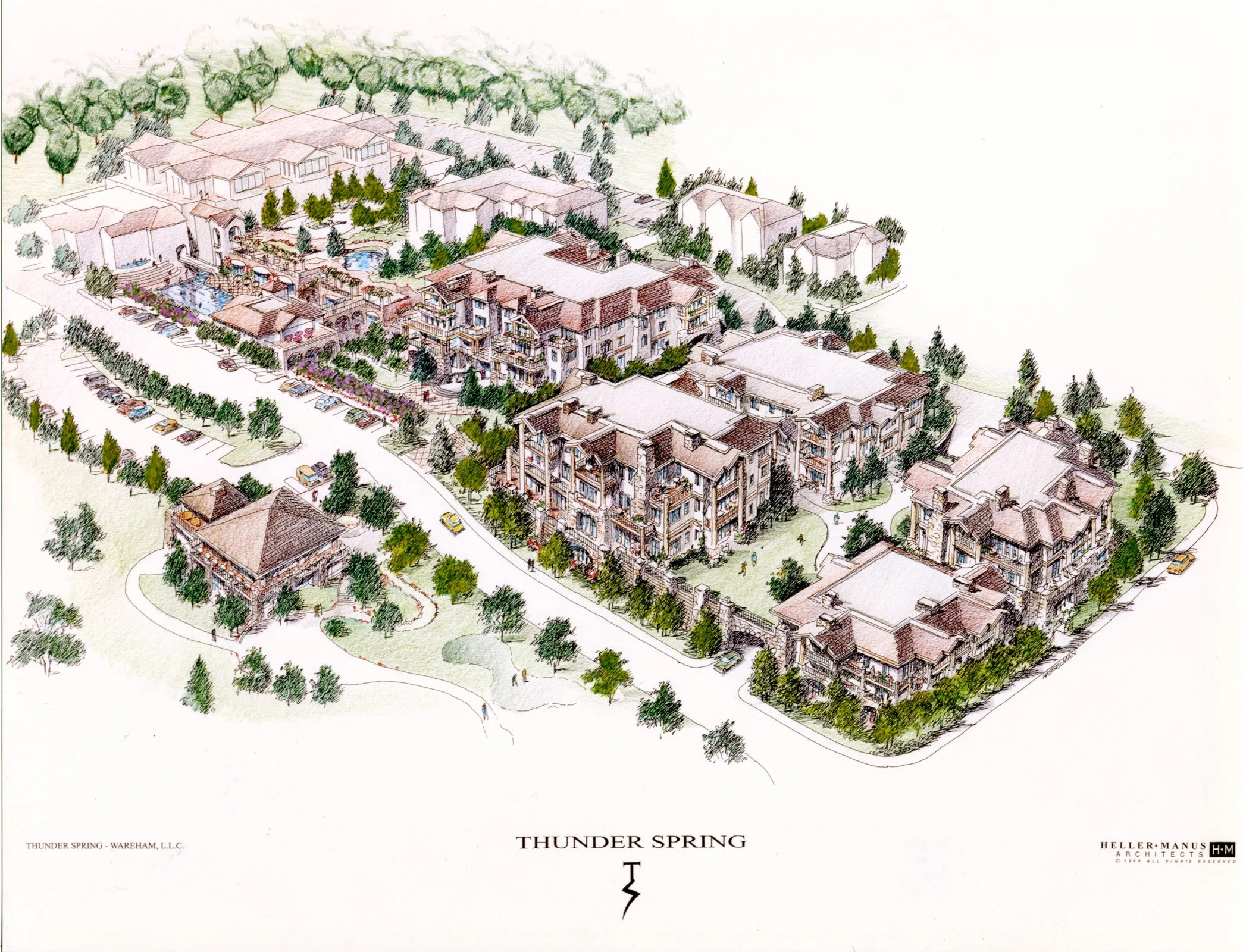 Architectural illustration of a residential complex named Thunder Spring, featuring multiple apartment buildings, a clubhouse, green spaces, trees, and parking areas.