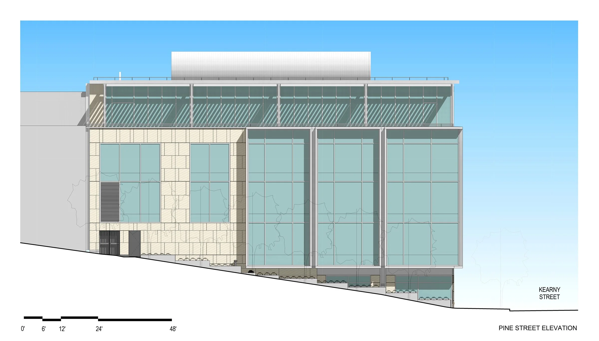 Architectural drawing of a modern multi-story building with large glass windows, beige stone facade, and a rooftop terrace, labeled as Pine Street Elevation, with Kearny Street in the background, and a scale at the bottom.