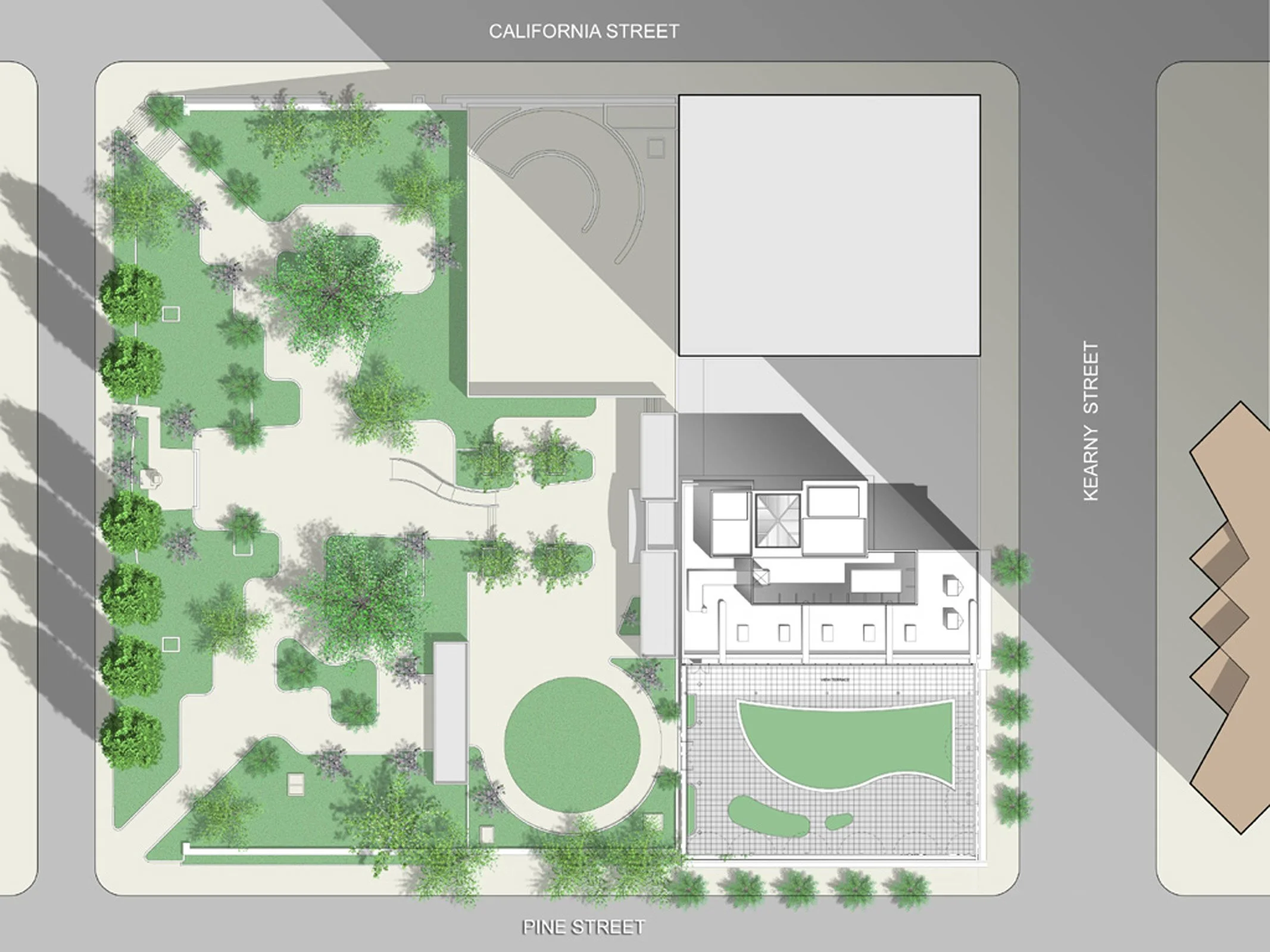 Site plan showing a landscaped area with trees, pathways, and a circular lawn, bordered by streets named California Street, Pine Street, and Kearny Street.