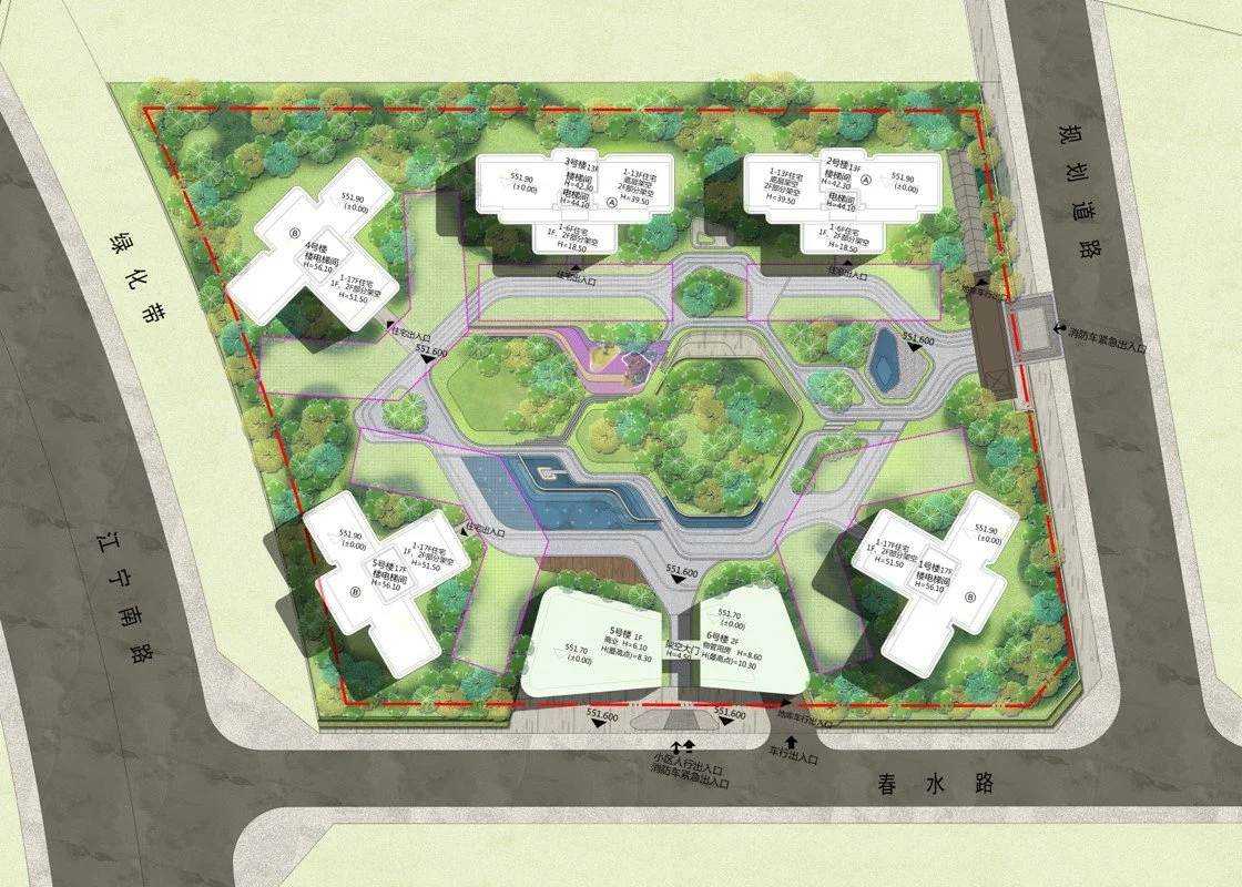A site plan of a residential complex showing buildings, pathways, landscaping, and water features, with streets surrounding the property.
