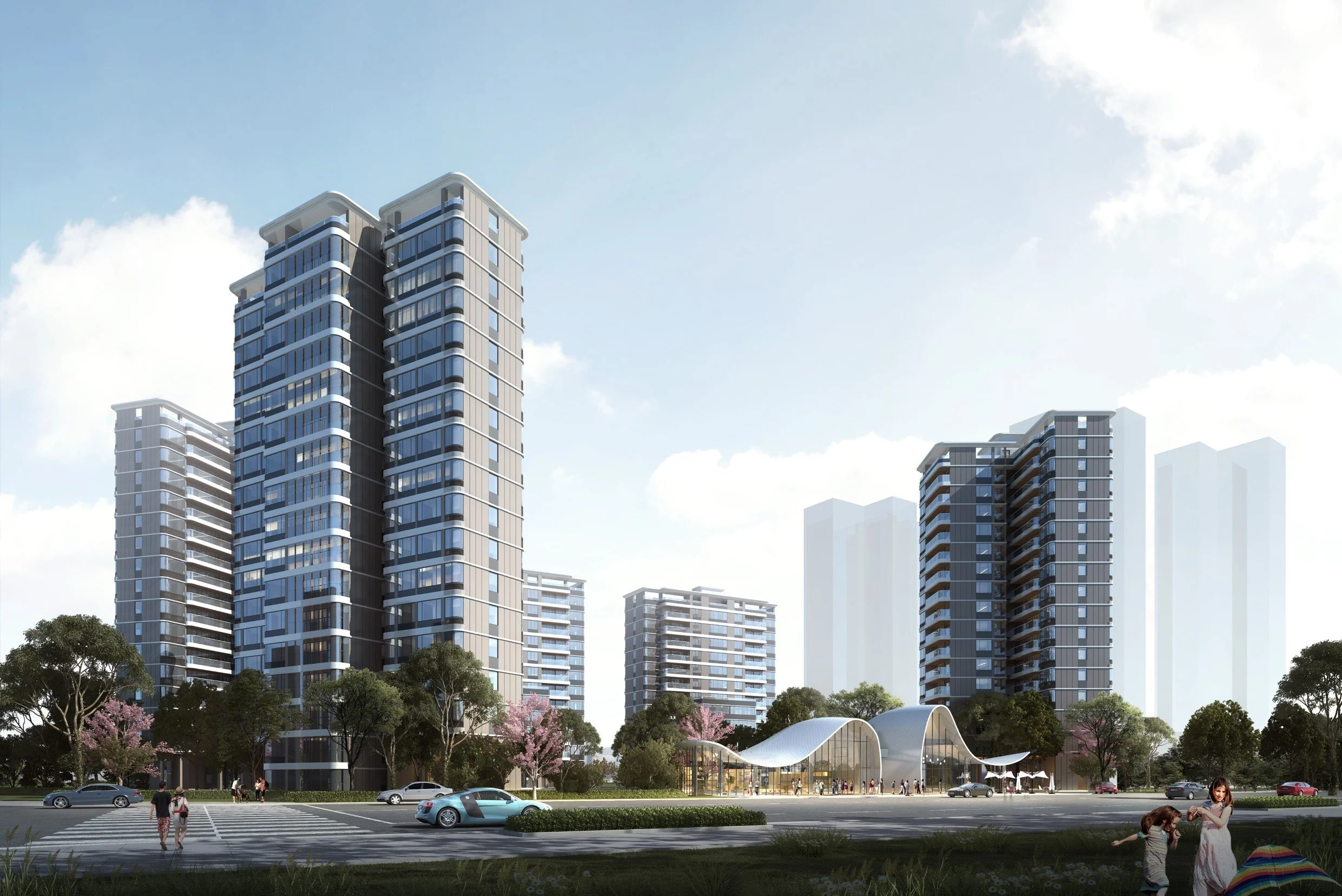 Rendering of a modern residential complex with tall high-rise buildings, landscaped trees, and a contemporary curved-roof community center under a clear sky.