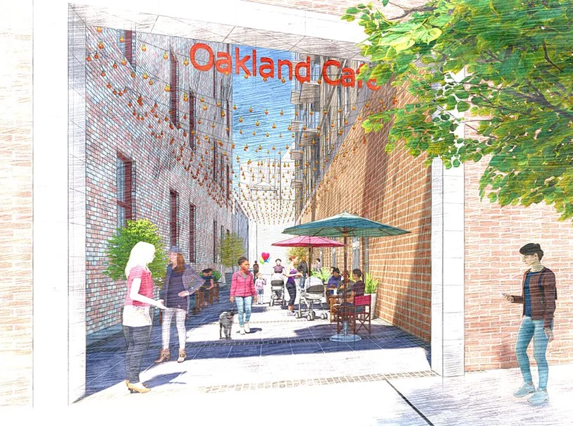 A lively outdoor café scene with people dining under umbrellas along a brick alleyway, string lights overhead, and a sign reading 'Oakland Ca' at the entrance.