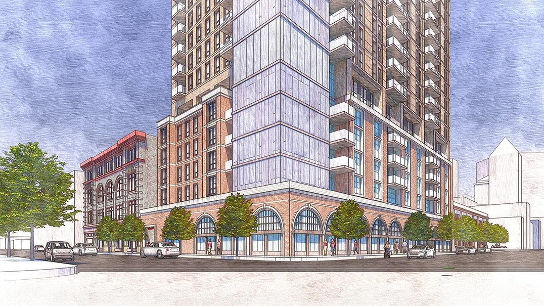 Artist's rendering of a mixed-use high-rise building with retail shops on the ground floor, located on a city street with trees, pedestrians, and parked cars.