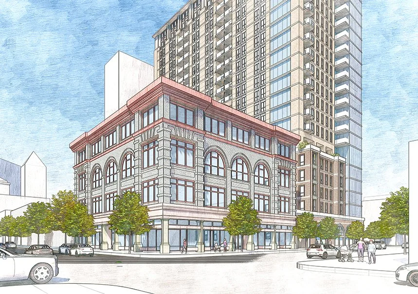 Sketch of a mixed-use building with retail on the ground floor and residential or office units on upper floors, surrounded by trees, cars, and pedestrians.