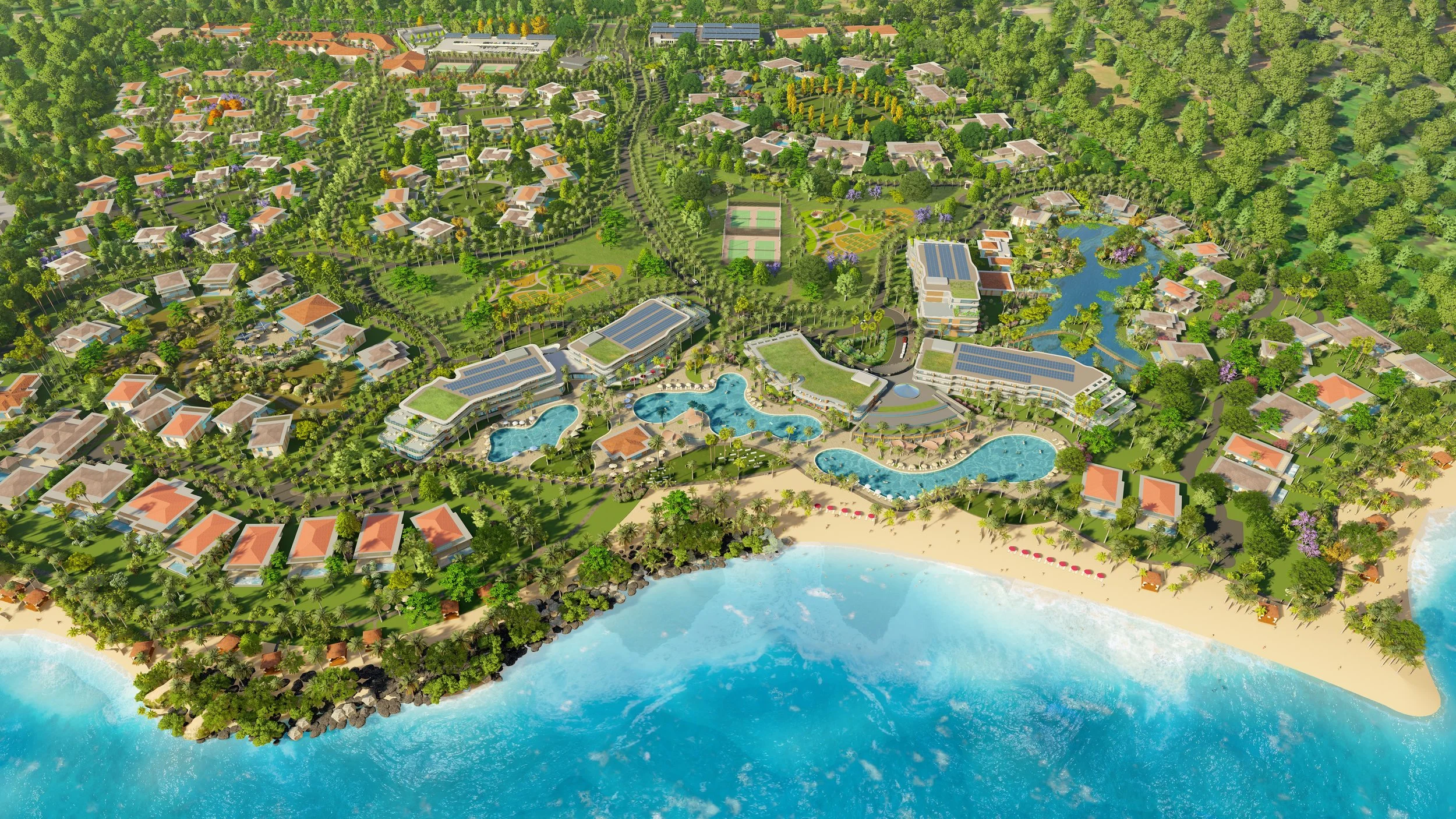 Aerial view of a luxury resort with multiple swimming pools, beachfront on a tropical island, surrounded by lush green trees, villas with red-tiled roofs, and recreational areas.