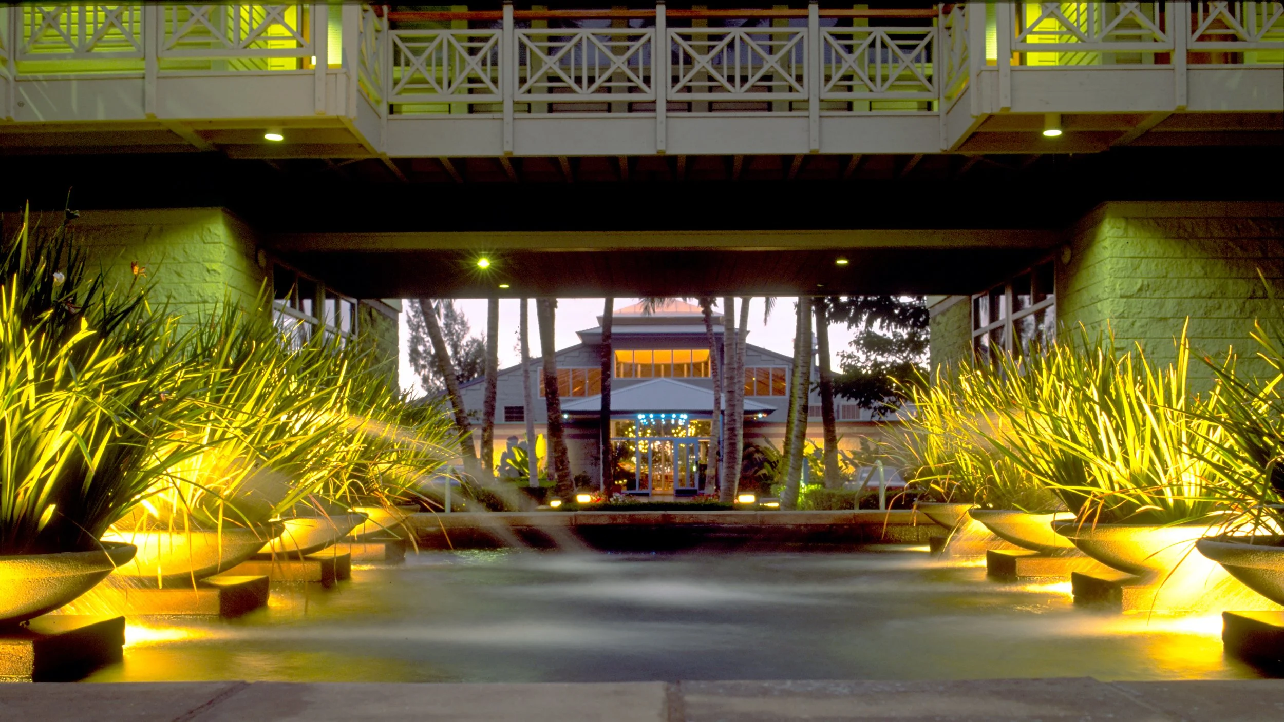 Night view of an outdoor scene with illuminated water features and large potted plants, a residential building with glass windows and palm trees in the background.
