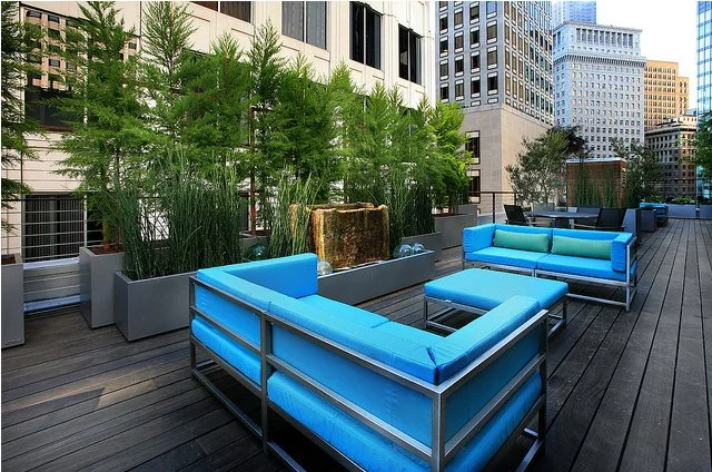 Rooftop lounge with blue cushioned seating, potted plants, and city buildings in the background.