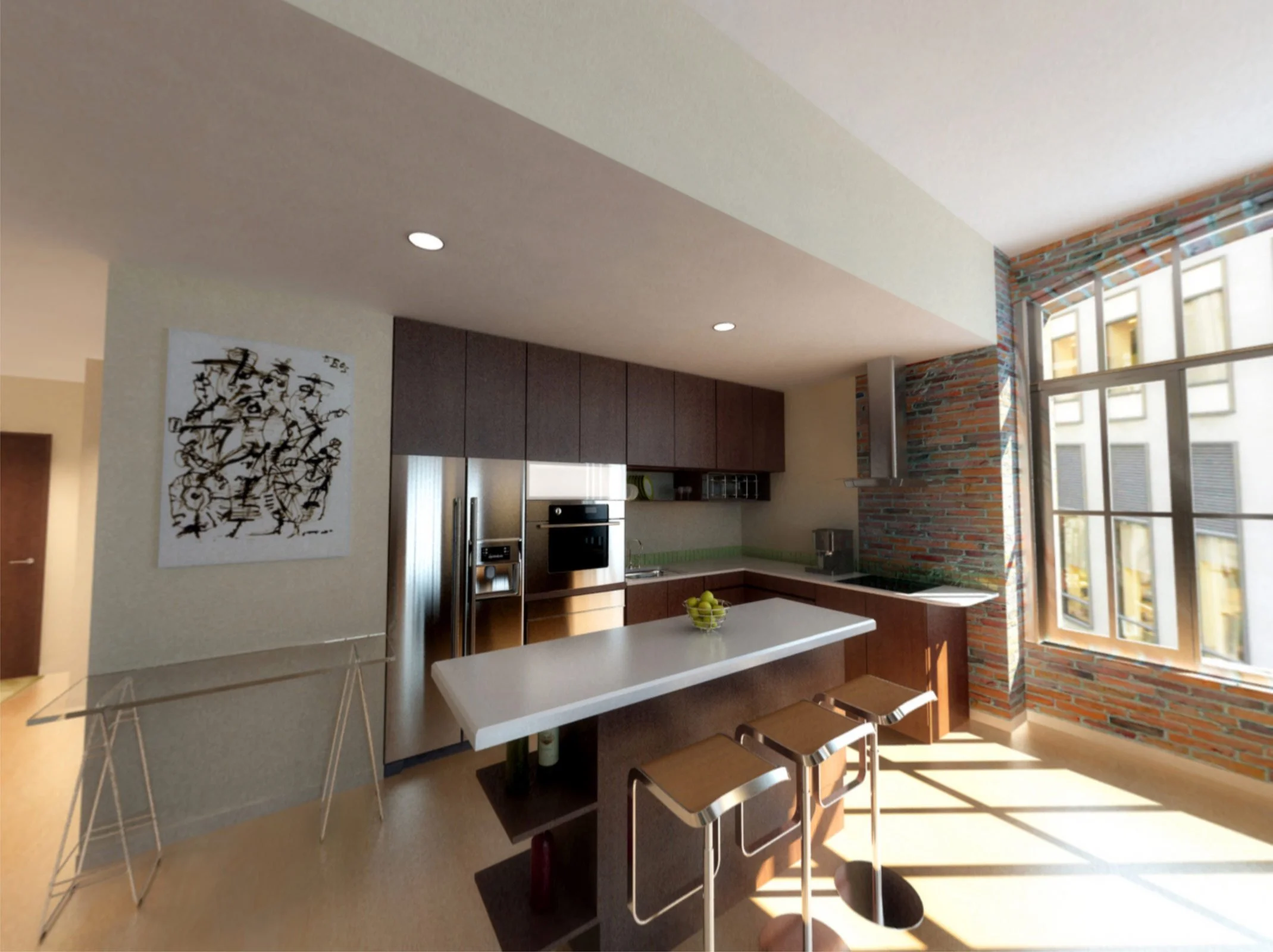 Modern kitchen with wooden cabinets, stainless steel refrigerator, built-in oven, open shelves, brick accent wall, large window letting in natural light, kitchen island with green apples, and stools.