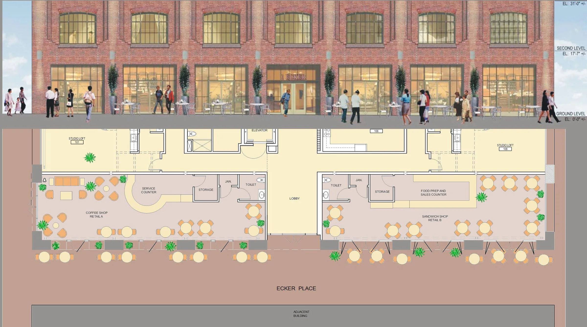 Architectural rendering of a brick building's front exterior with outdoor seating, and a detailed floor plan of the interior, showing a coffee shop, sandwich shop, storage, service counter, restrooms, and studio lofts, with trees and potted plants ou