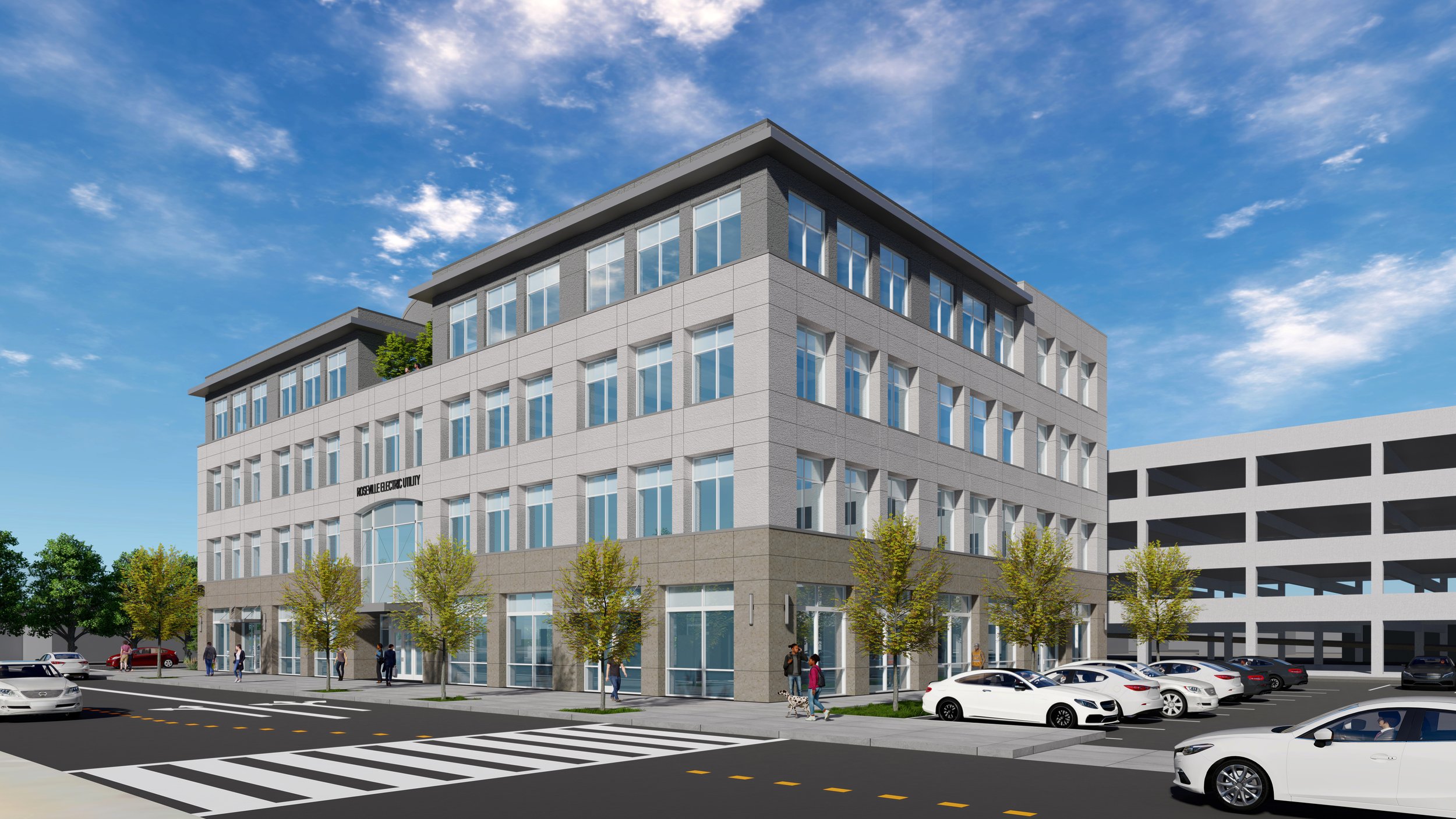A modern multi-story office building with glass windows and a sign that reads 'ROSEDALE ELECTRIC UTILITY,' surrounded by trees, cars parked along the street, and people walking on the sidewalk under a blue sky with some clouds.