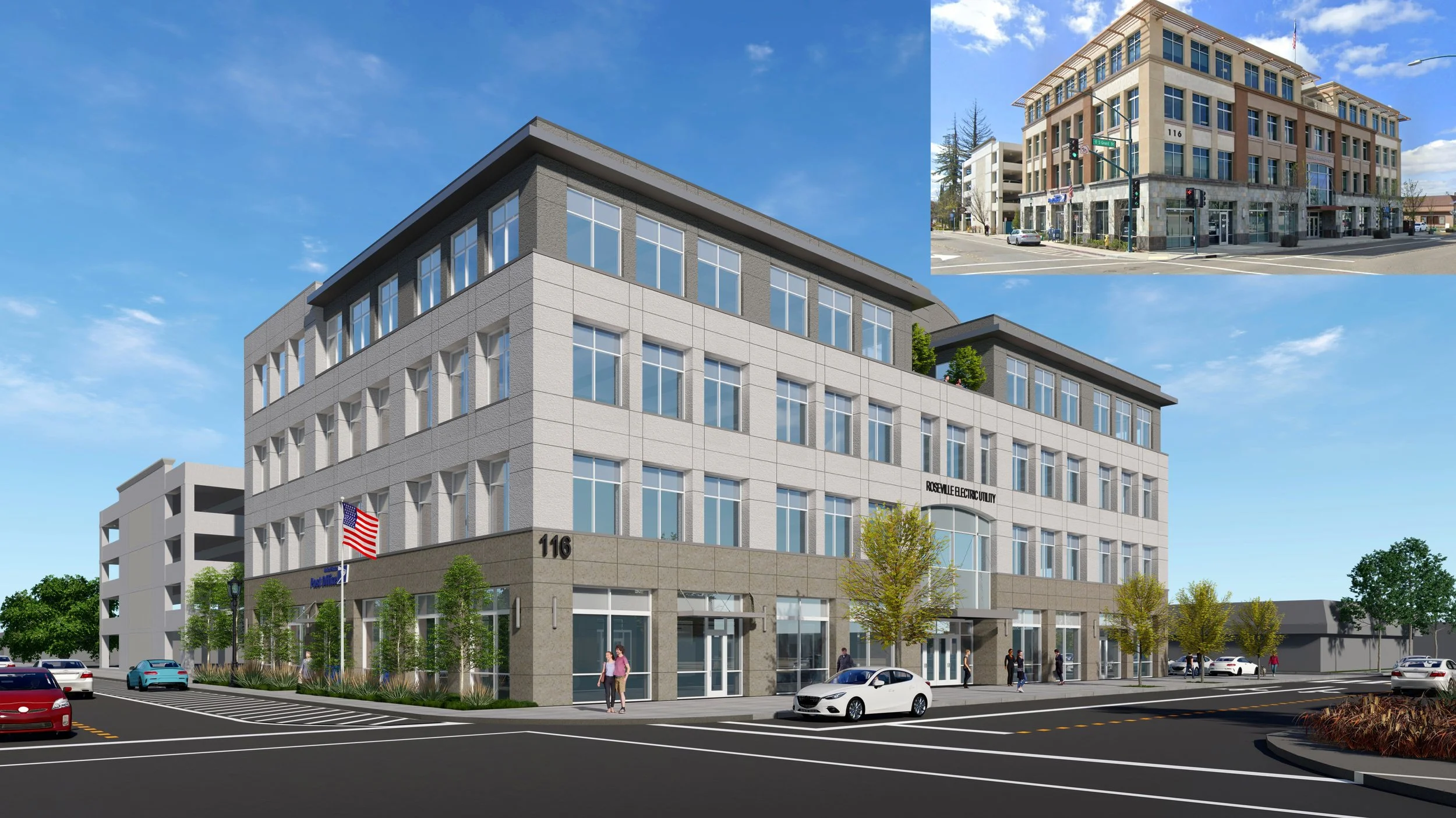 A digital rendering of a multi-story office building with the sign 'Roseville Electric Utility' and the number 116. The building has large windows, a modern design with gray and beige exterior, and a parking lot with cars and trees in front.