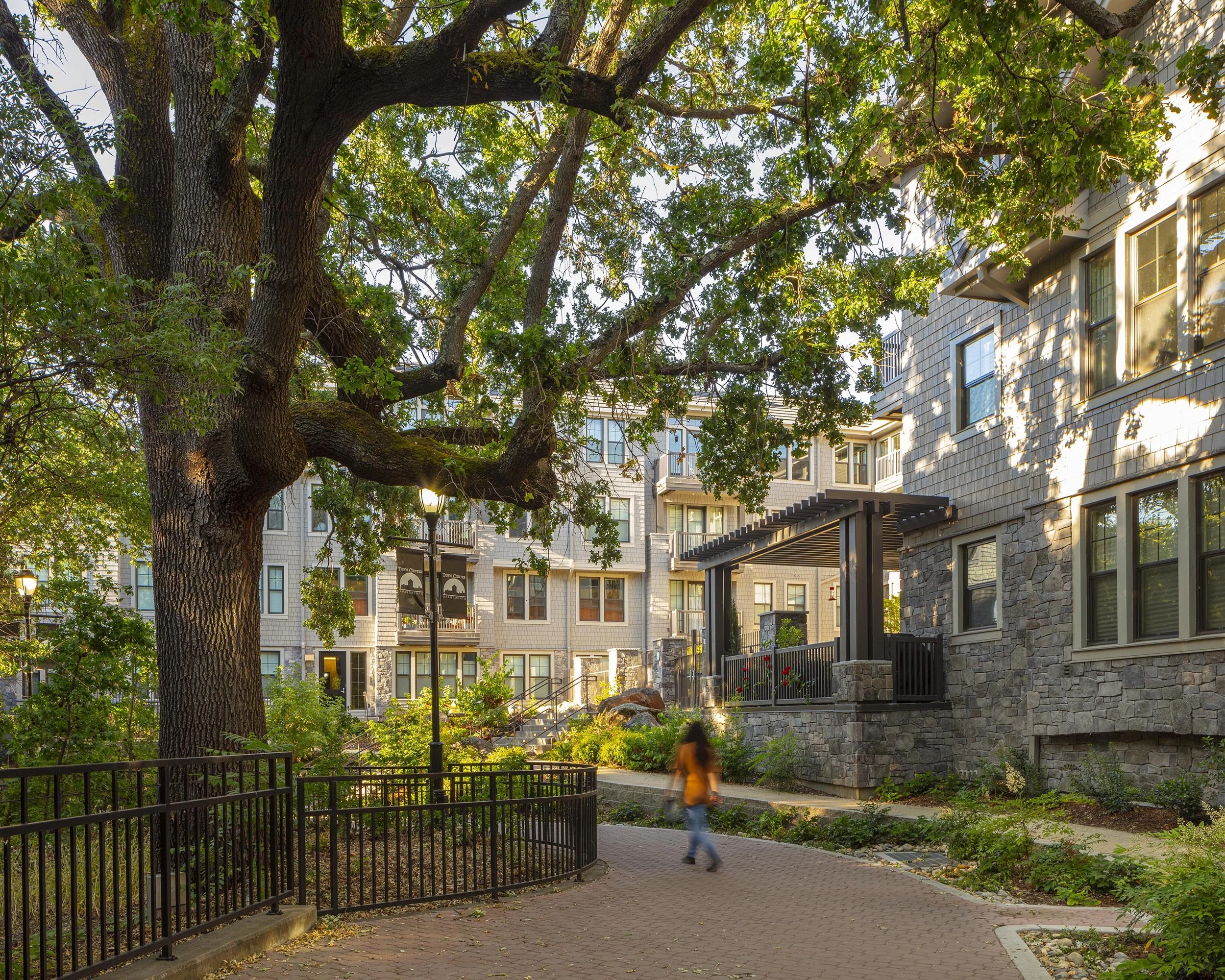 A person with long hair walking on a paved pathway in a residential neighborhood, with a large tree and apartment buildings in the background.