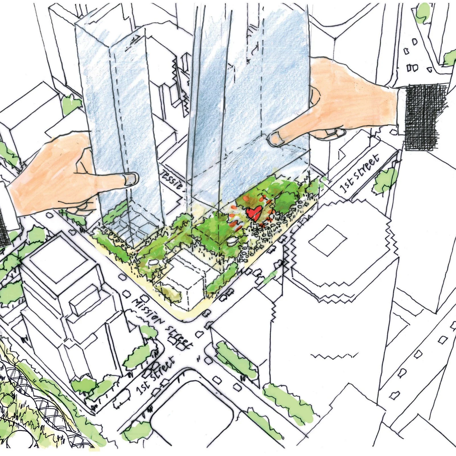 An illustration of a person holding a physical model of a building project over a city block, showing a tall building, a landscaped area with trees and a heart symbol, and surrounding streets labeled 'Mission Street,' '1st Street,' and 'Tessie Avenue