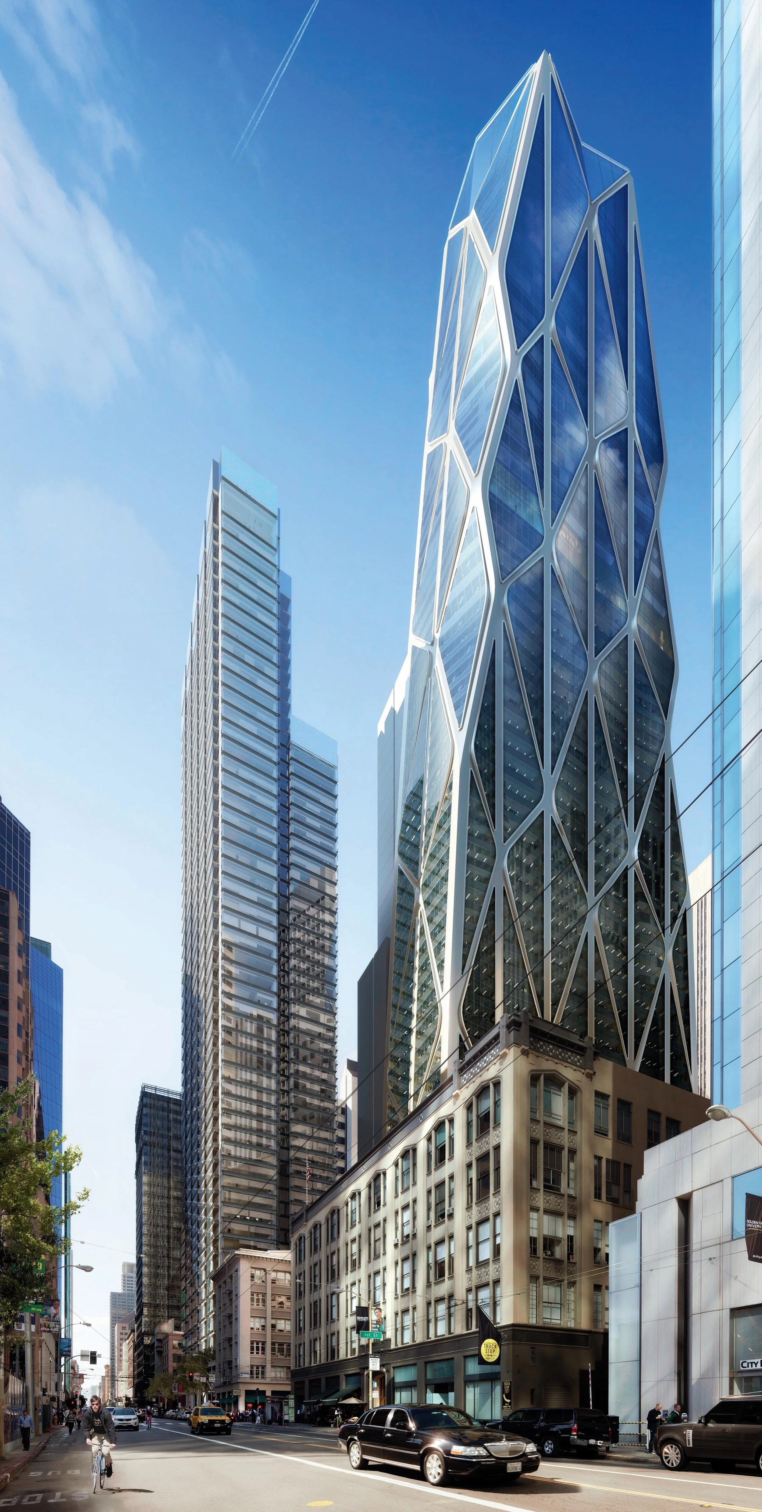 A city street scene with tall modern glass skyscrapers, cars, pedestrians, and a bicycle on a sunny day.